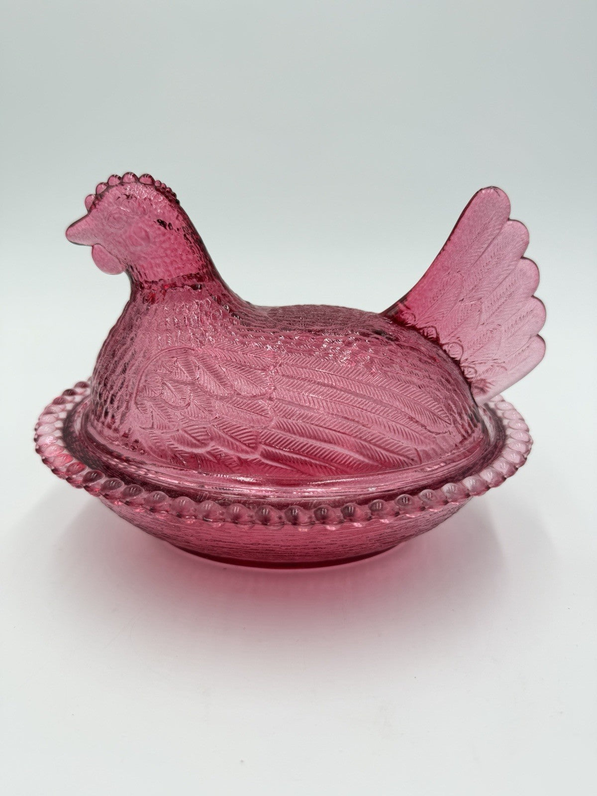 Vintage Indiana Art Glass Chicken /Hen on Nest Covered Dish Cranberry USA Rare