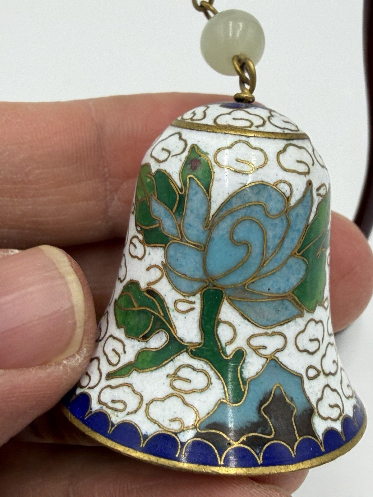 Vtg Chinese Cloisonne Enameled Bell Hanging On Wood Stand 5.75"H White Gold