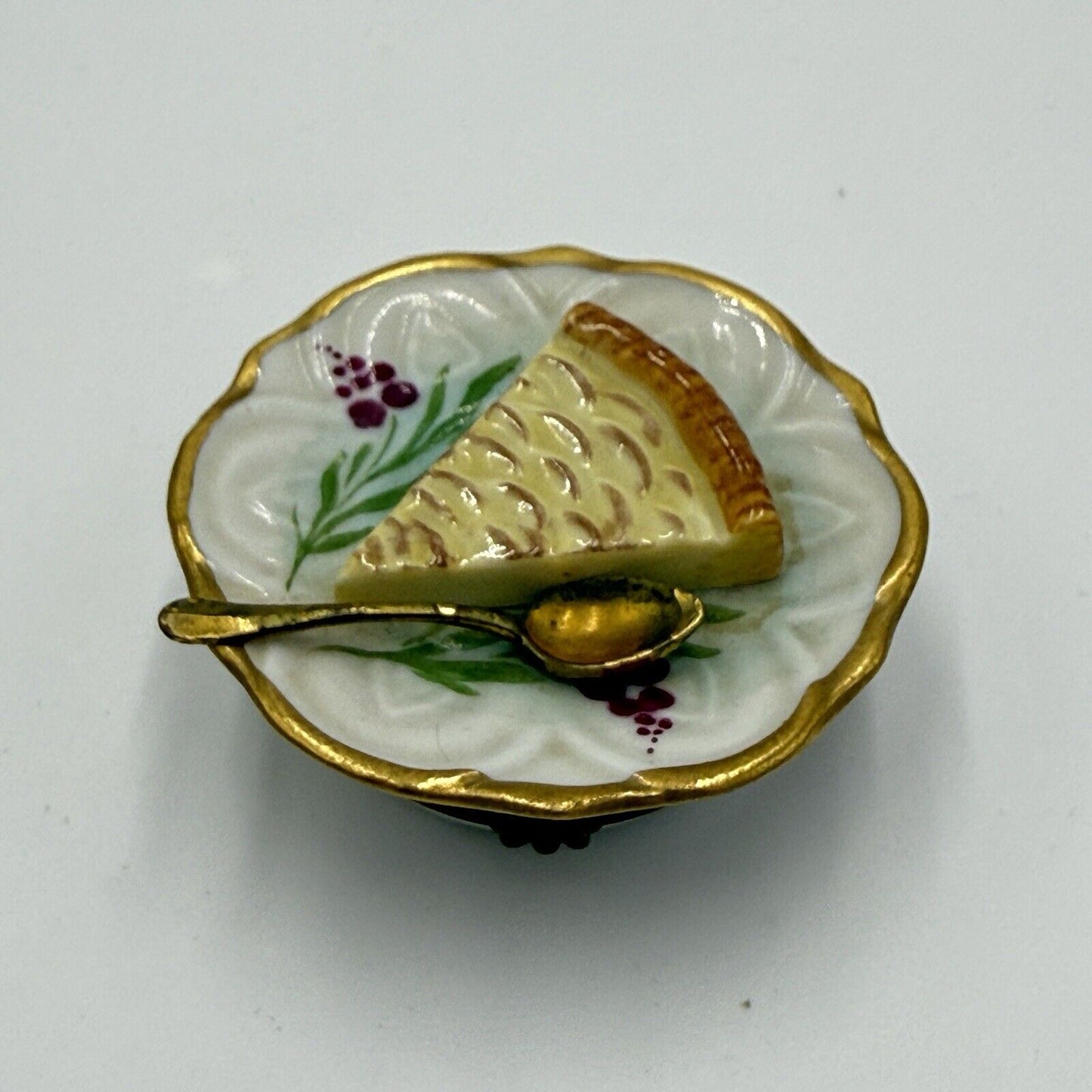 Vintage Limoges France Porcelain Apple Pie Dessert on Plate Trinket Box Miniatur