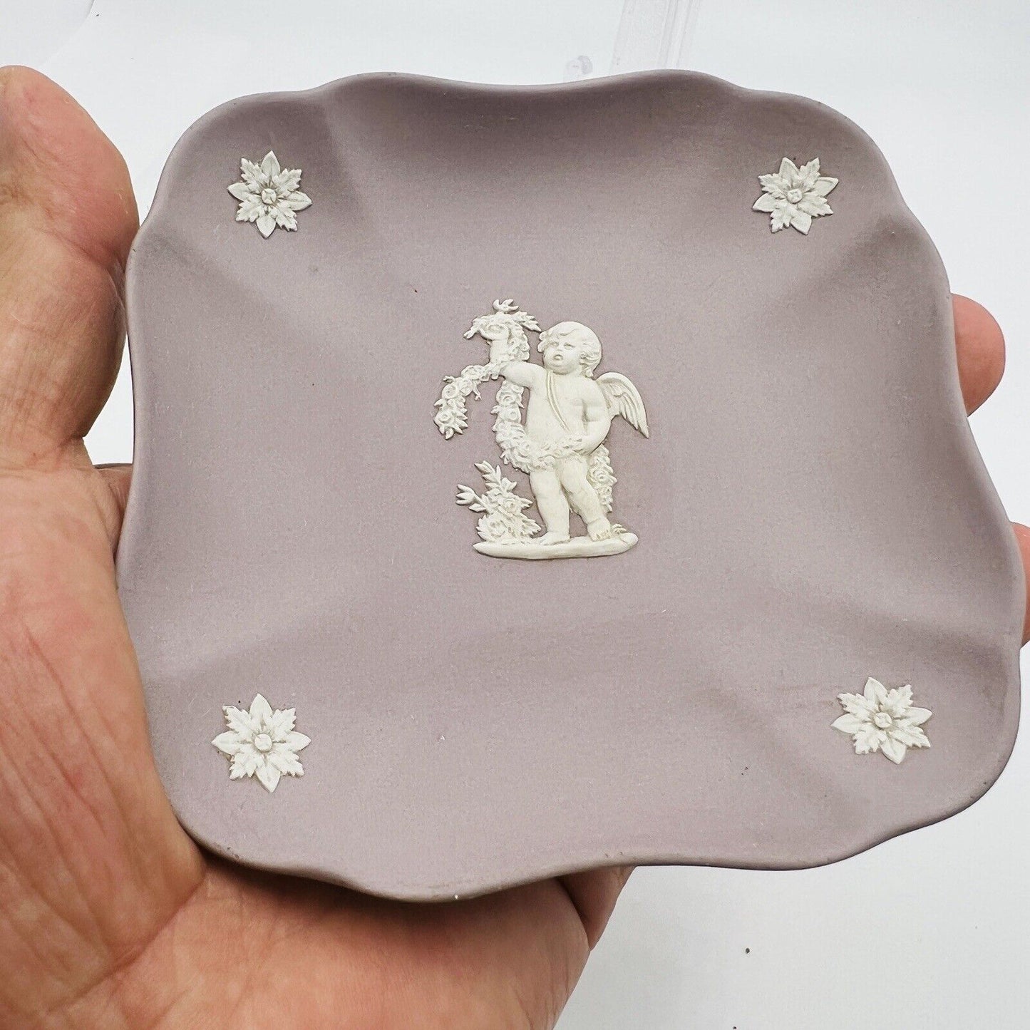 Wedgwood Dish Lilac and White Jasperware Fluted Square Four Seasons Cupid