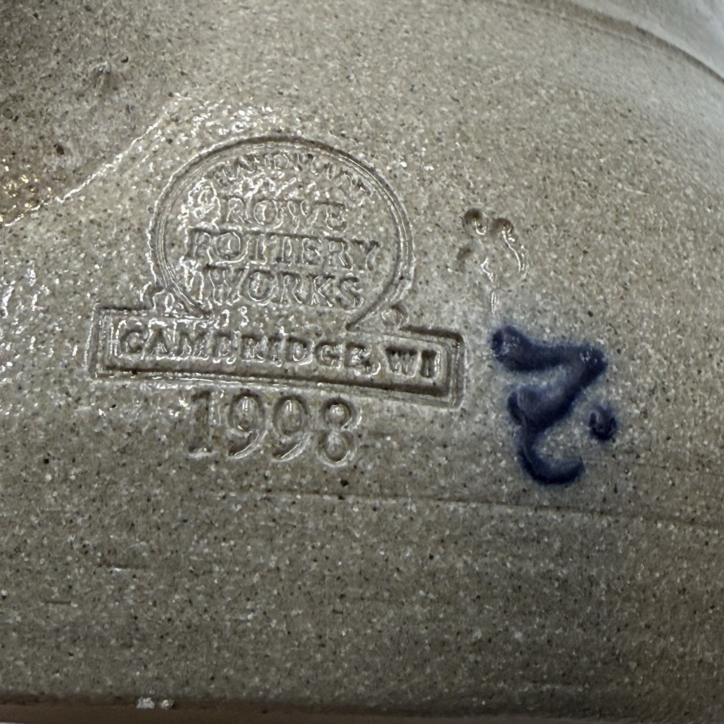 Rowe Pottery Works Salt Glazed Soup Crock Bowl Salt Glaze Blue Floral Design 9in