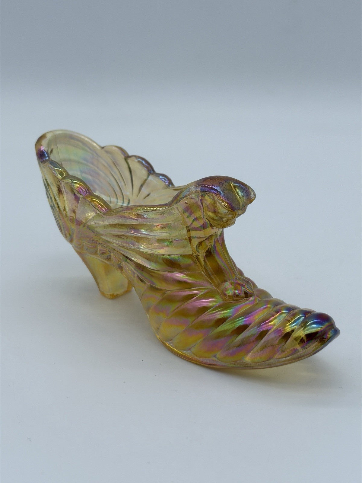 Fenton Art Glass Yellow Iridescent Cougar Cart Slipper Shoe Victorian Figurine