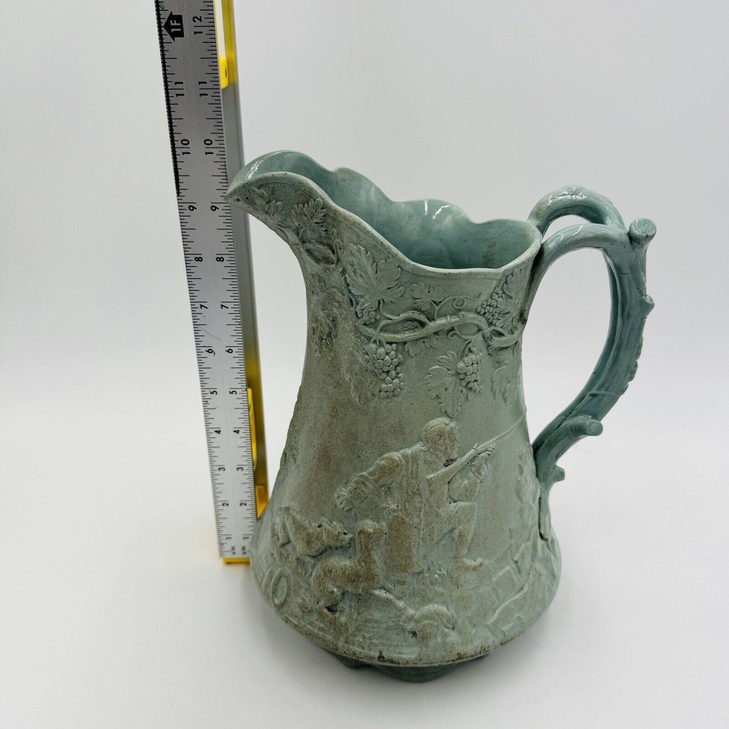 Parian Ware Relief Jug Pitcher Large Green Pottery Embossed Grapes Antique