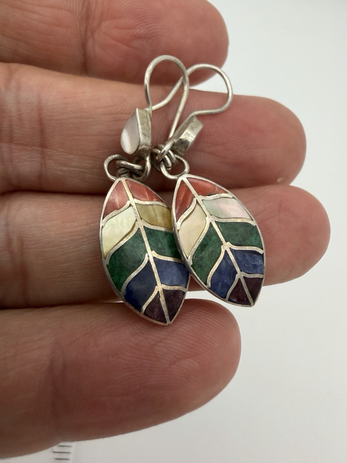 Sterling Silver Women's Earrings Alpaca Natural Stone Kantu Leaf Design Rainbow