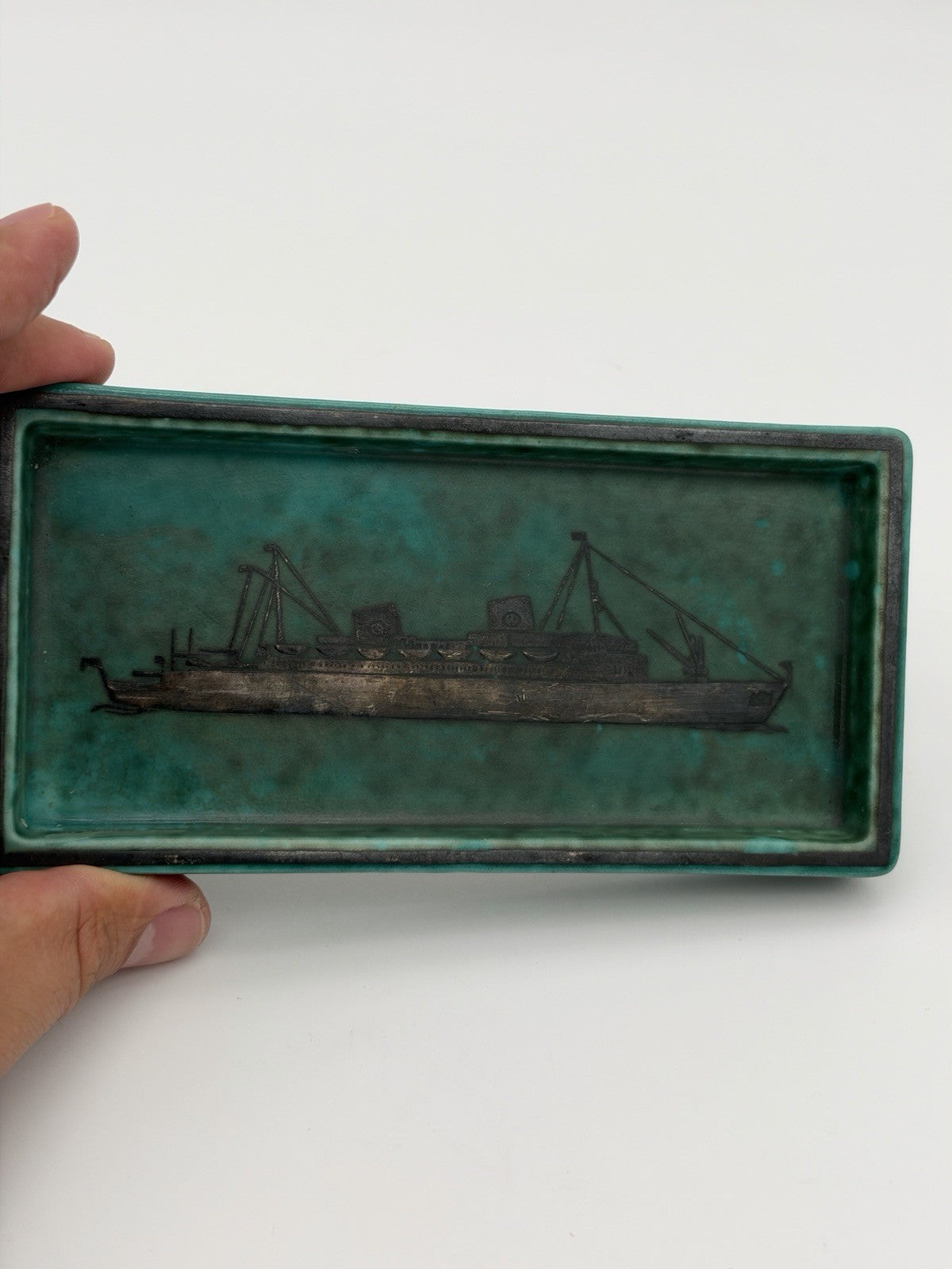 Gustavsberg Sweden Teal Argenta Trinket Dish boat 1940s Wilhelm Kåge