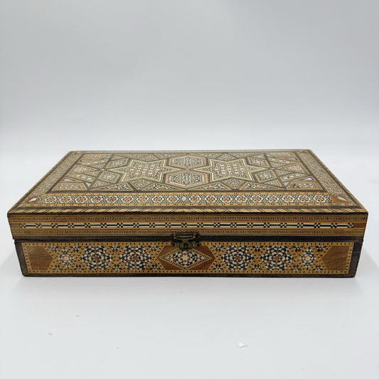 1950 Middle East Marquetry Mosaic Wood Inlaid Pearl Box Backgammon Inside