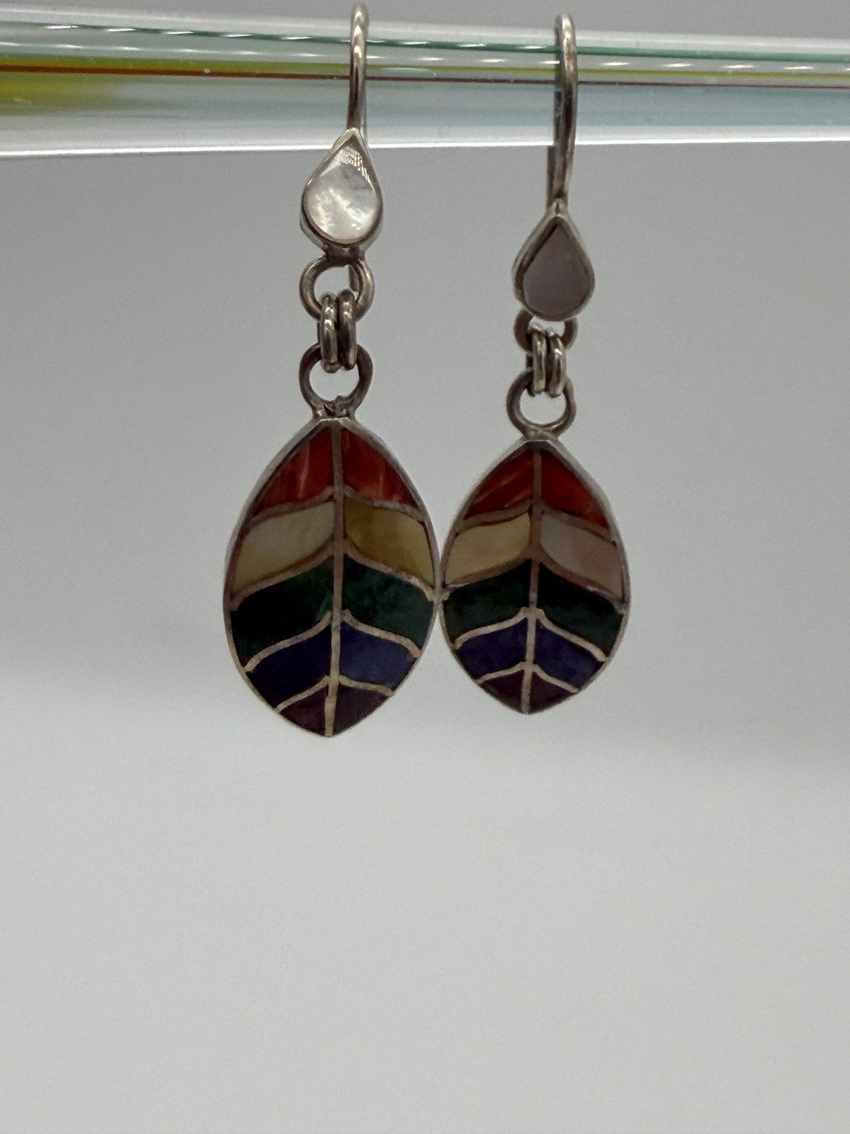 Sterling Silver Women's Earrings Alpaca Natural Stone Kantu Leaf Design Rainbow