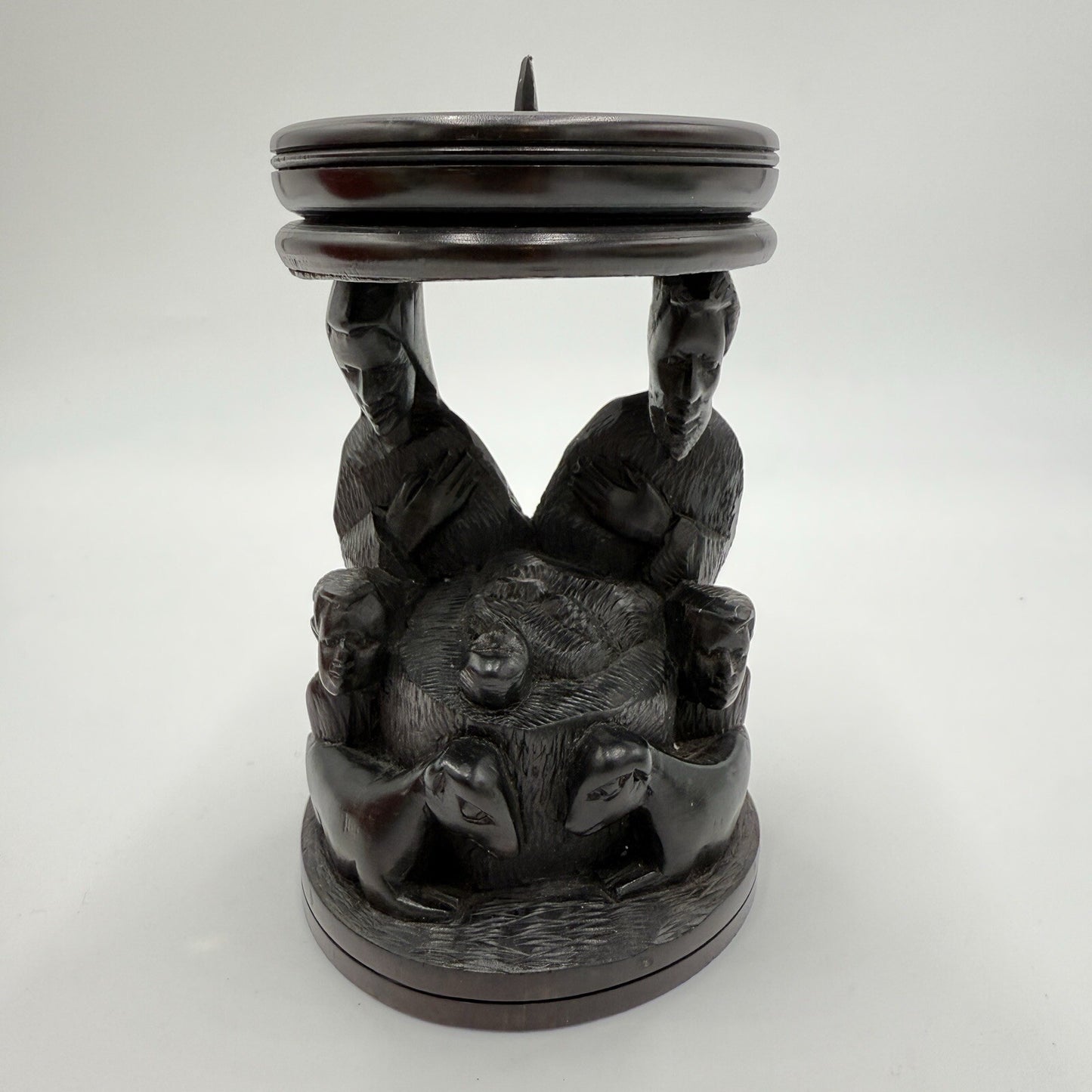 Vintage hand Carved Ebony Wood Nativity Candle Holder Solid Folk Art 6.5in