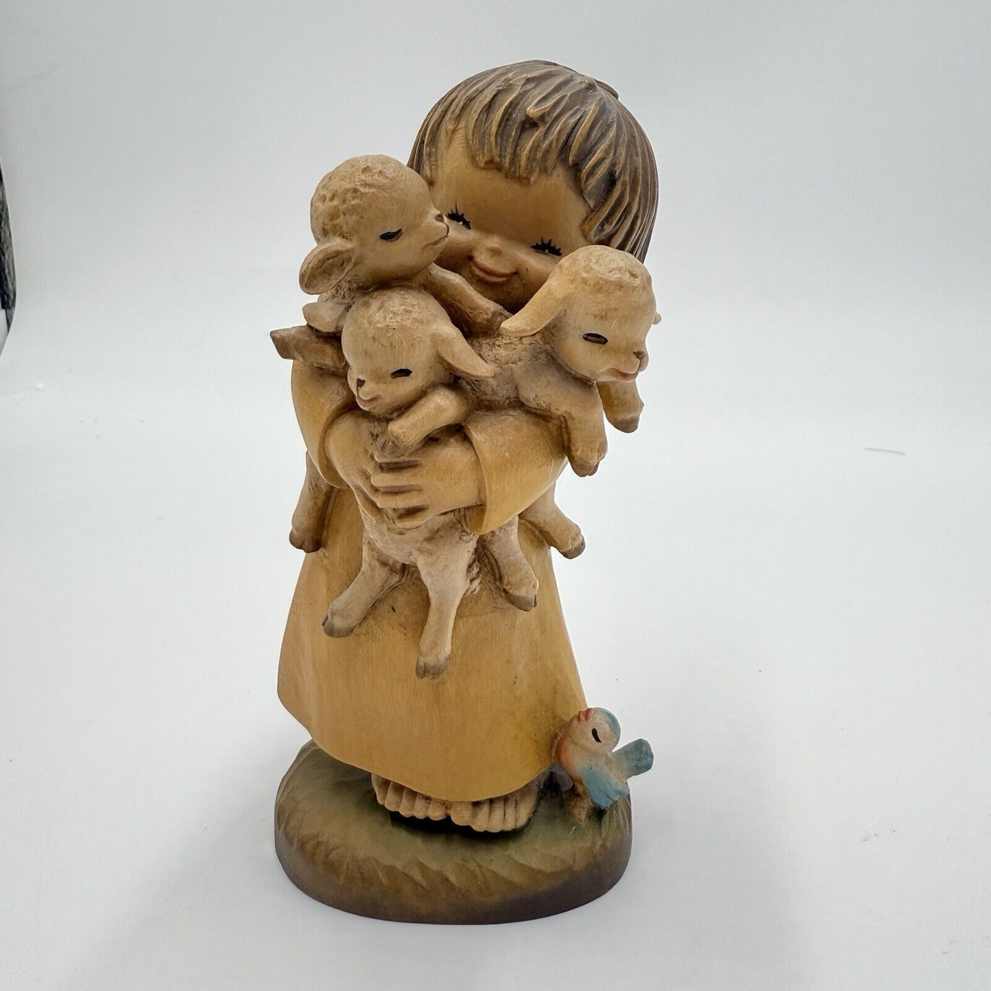 Vtg ANRI FERRANDIZ 5” Wood Carved Figurine Spring Arrivals Girl W/lambs Italy