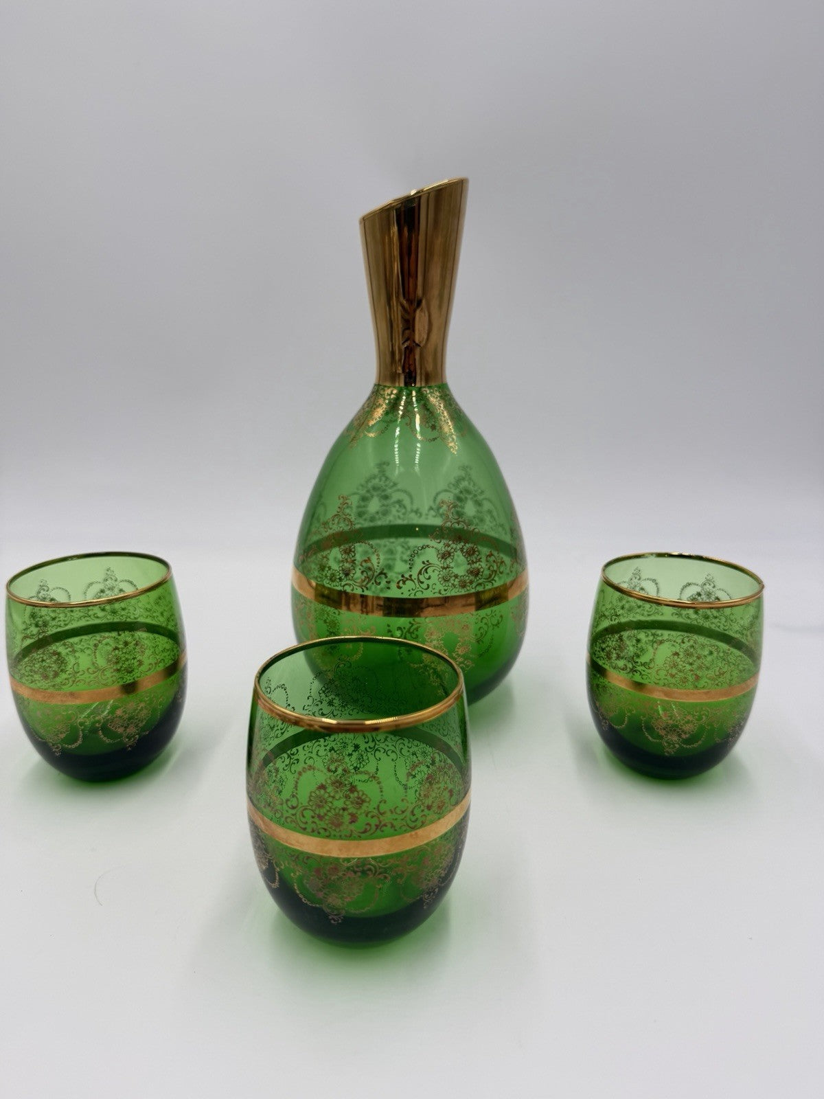 Vintage Murano Art Glass Italy Ferro & Lazzarini Decanter Set Green Emerald 4 Pc