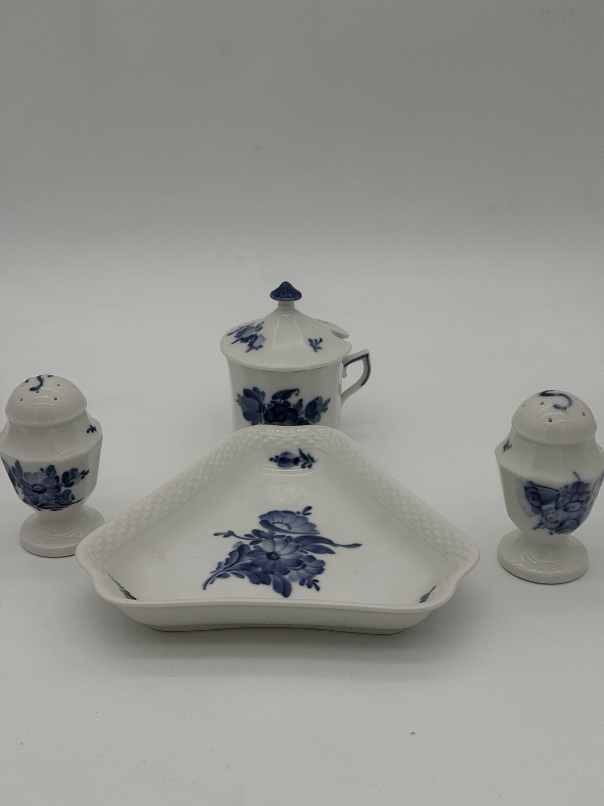 Royal Copenhagen Denmark Porcelain Salt & Pepper Tray Mustard Pot Set 5 PCs