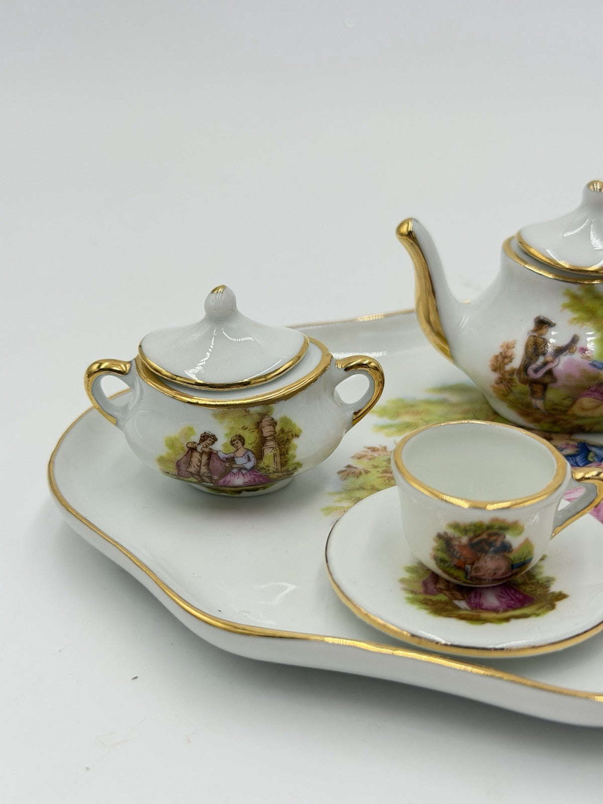 EME porcelain Spain miniature tea set romantic scene victorian 8 PCs  Dollhouse