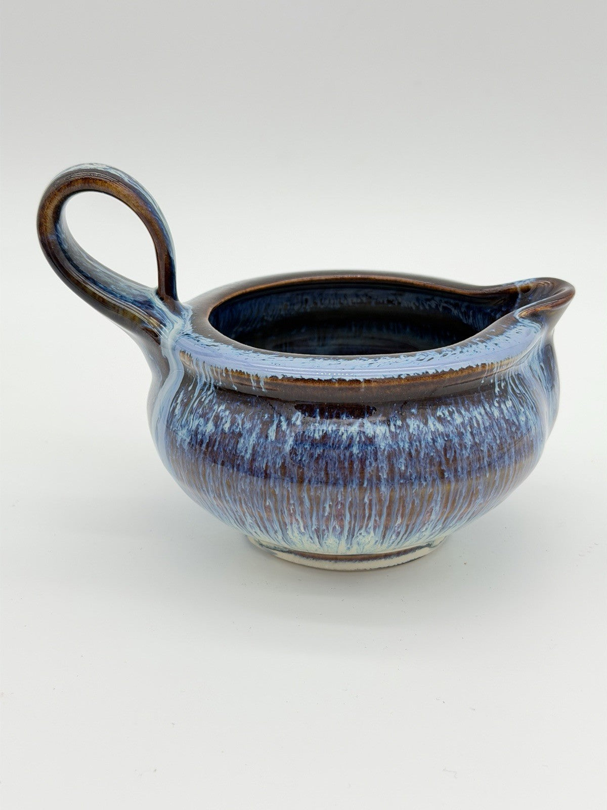Bill Campbell Studio Art Pottery Gravy Sauce Boat  Brown Blue Drip Glaze 4.5”x6”