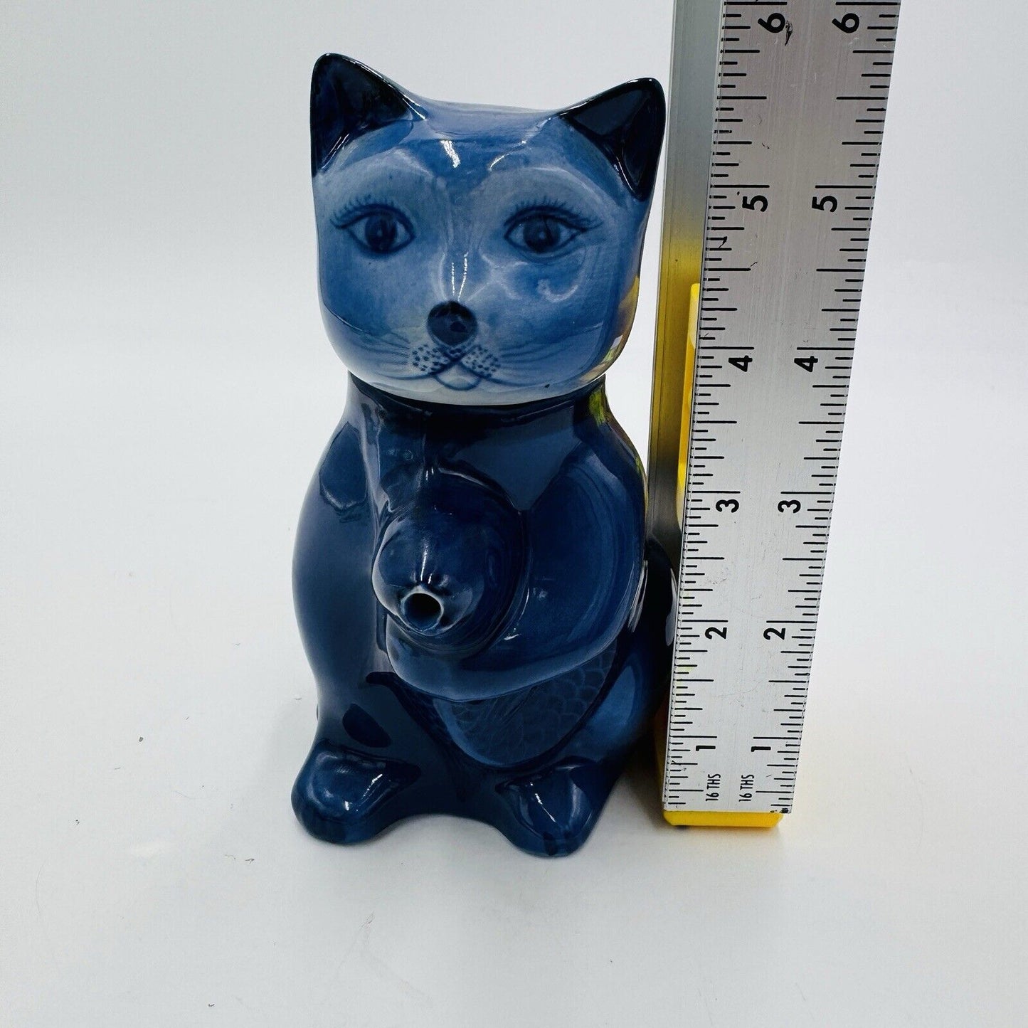 Vintage Lucky Navy Blue Cat Holding Koi Fish Mini Teapot Ceramic