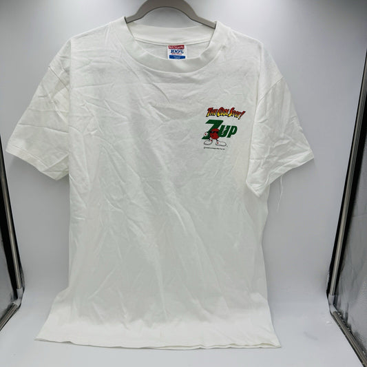 7 UP Single Stitch Surfing Soda T Shirt Size L COOL SPOT White USA Made Vintage