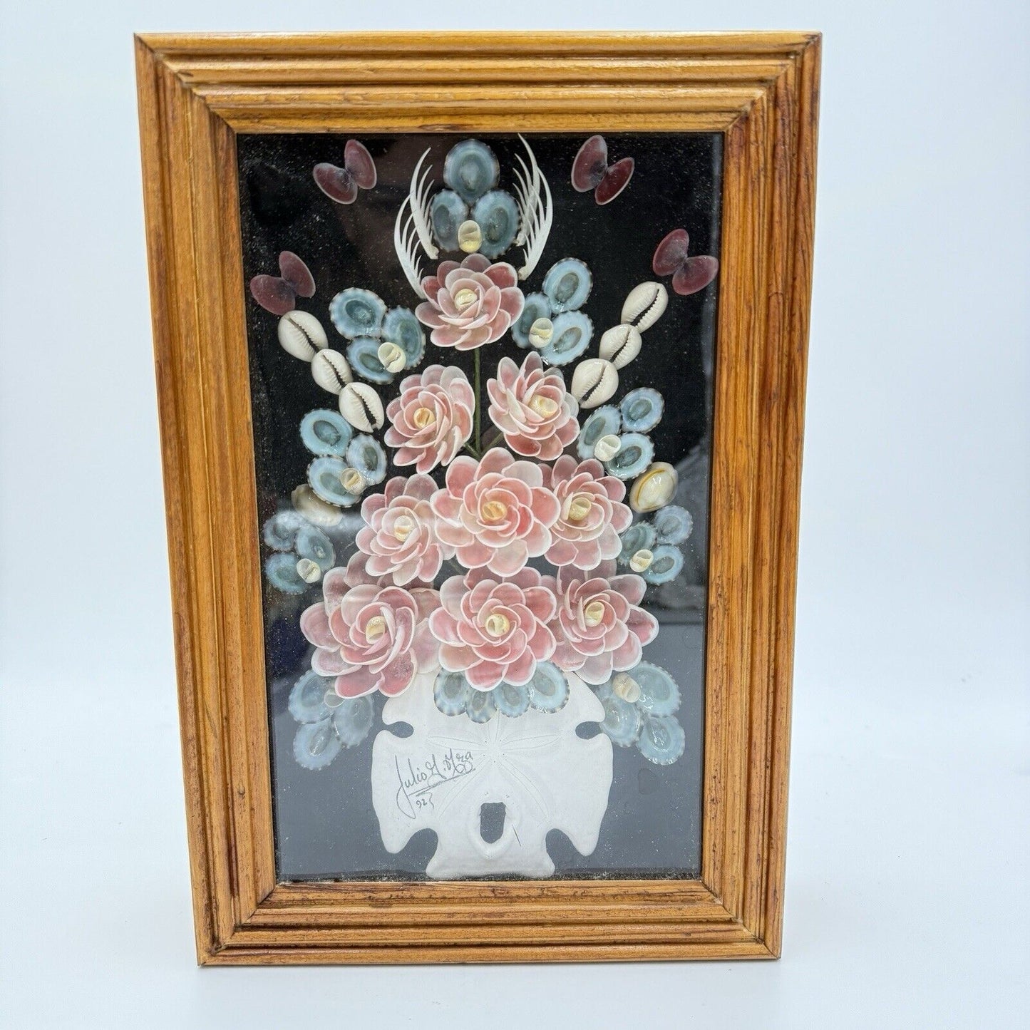 Julio G Meza Seashells Shell Roses Bouquet Art Frame Glass Display Wooden  1992