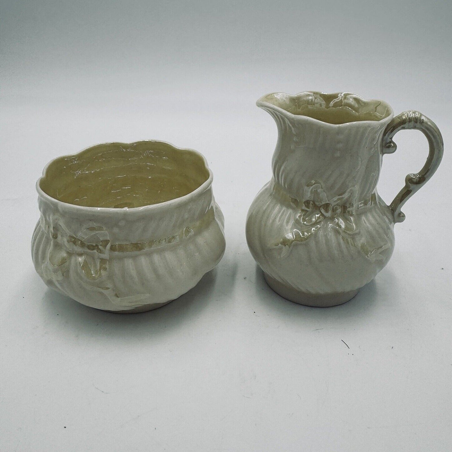 Belleek Yellow Ribbon Lustre Open Sugar & Creamer circa 1965 6th Green Porcelain