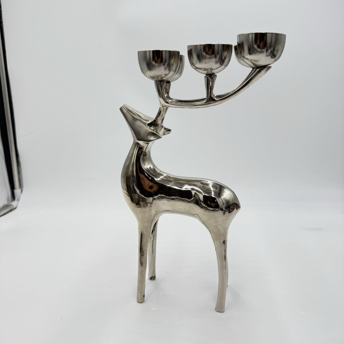 Pottery Barn Reindeer Silver Tone Holiday Votive Candelabra 12”x 7” Candle Holde