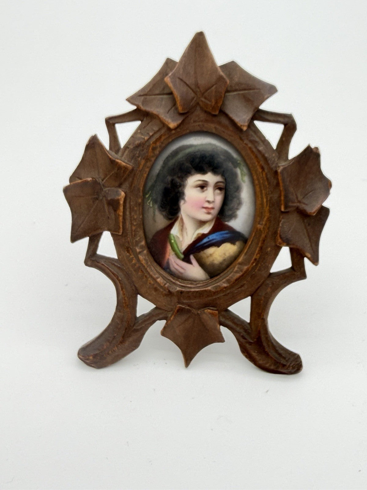 Antique Black Forest Carved Frame Painted Porcelain Young Portrait Miniature 3”H