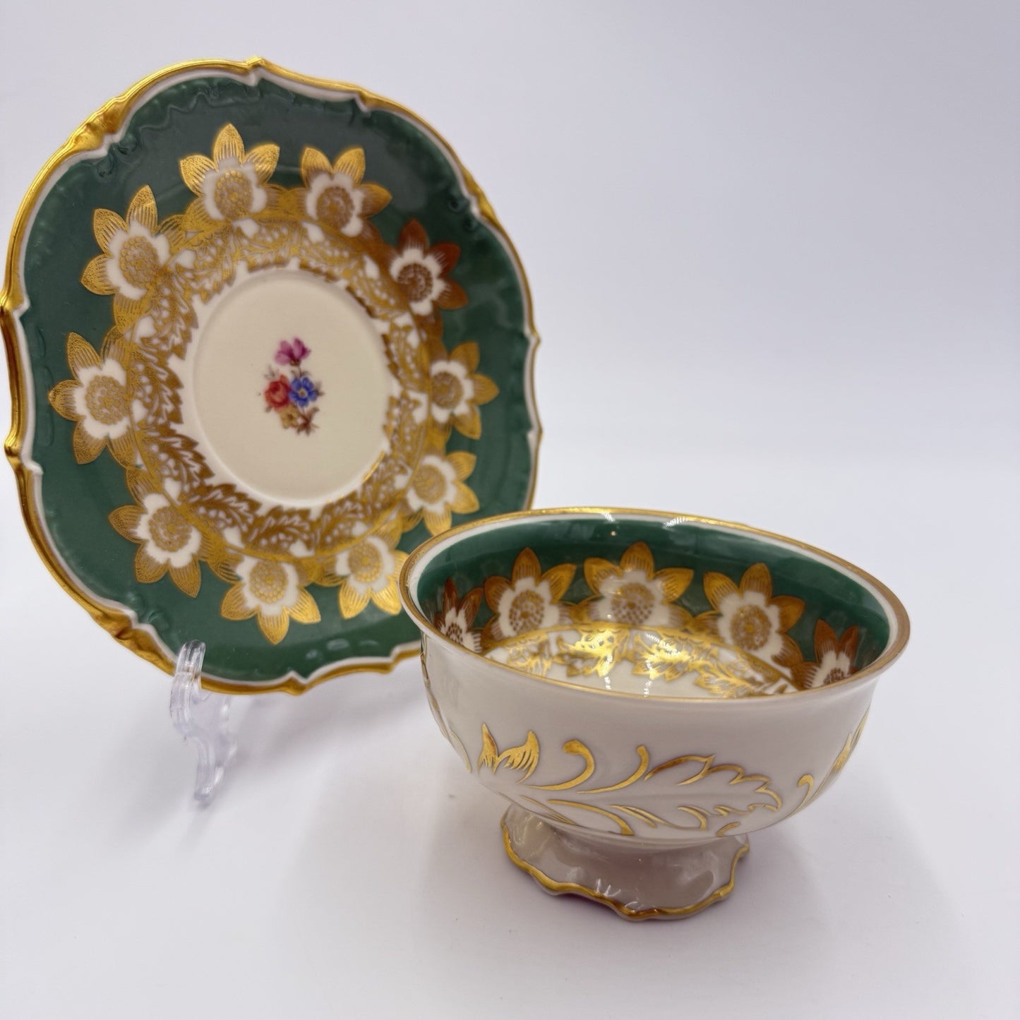 Antique Schwarzenhammer Bavaria Porcelain  Gold Trim tea cup & saucer Green