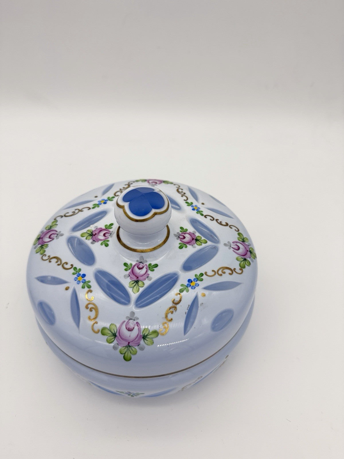 Czech Bohemian Baby Blue Cased to Blue Art Glass Lidded Candy Dish Large 6”x5”