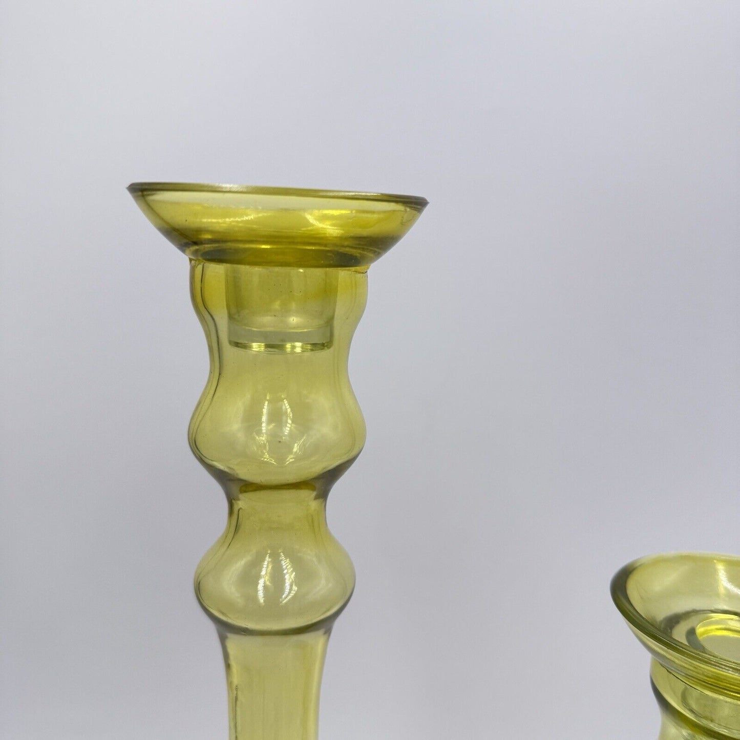 MCM Yellow Art Glass Candle holders By Lazy Susan Square Base Round Top 2