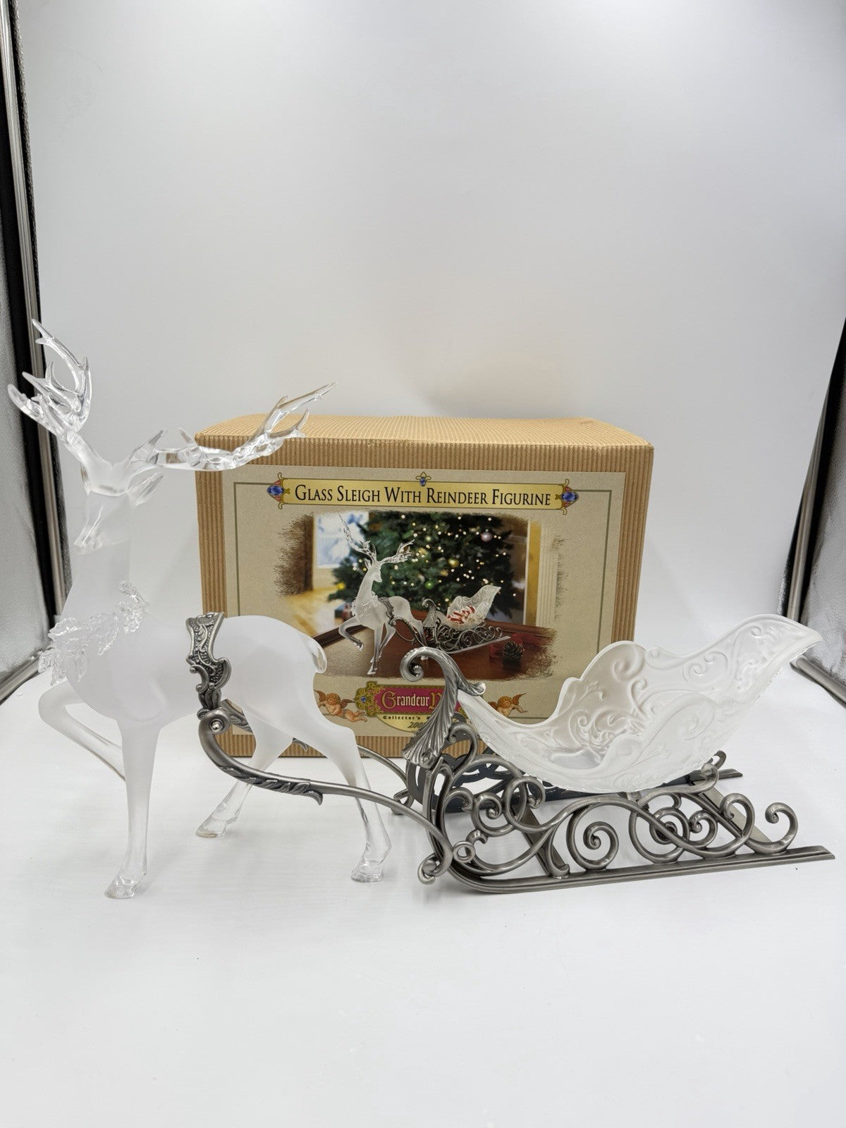 Grandeur Noel Glass Sleigh With Acrylic Reindeer Figurine Christmas Vtg Decor