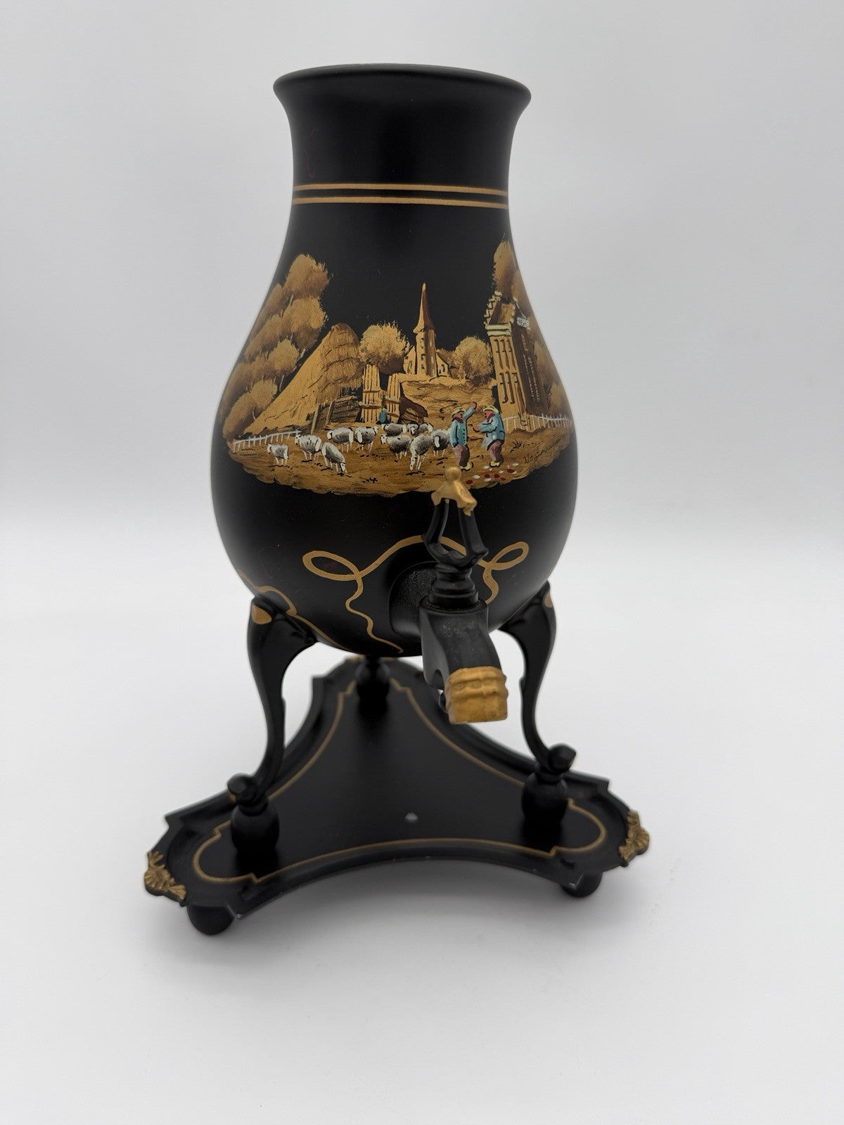vintage C. Kurz & Co Tiel Dutch black & gold Hand painted pewter samovar W/base