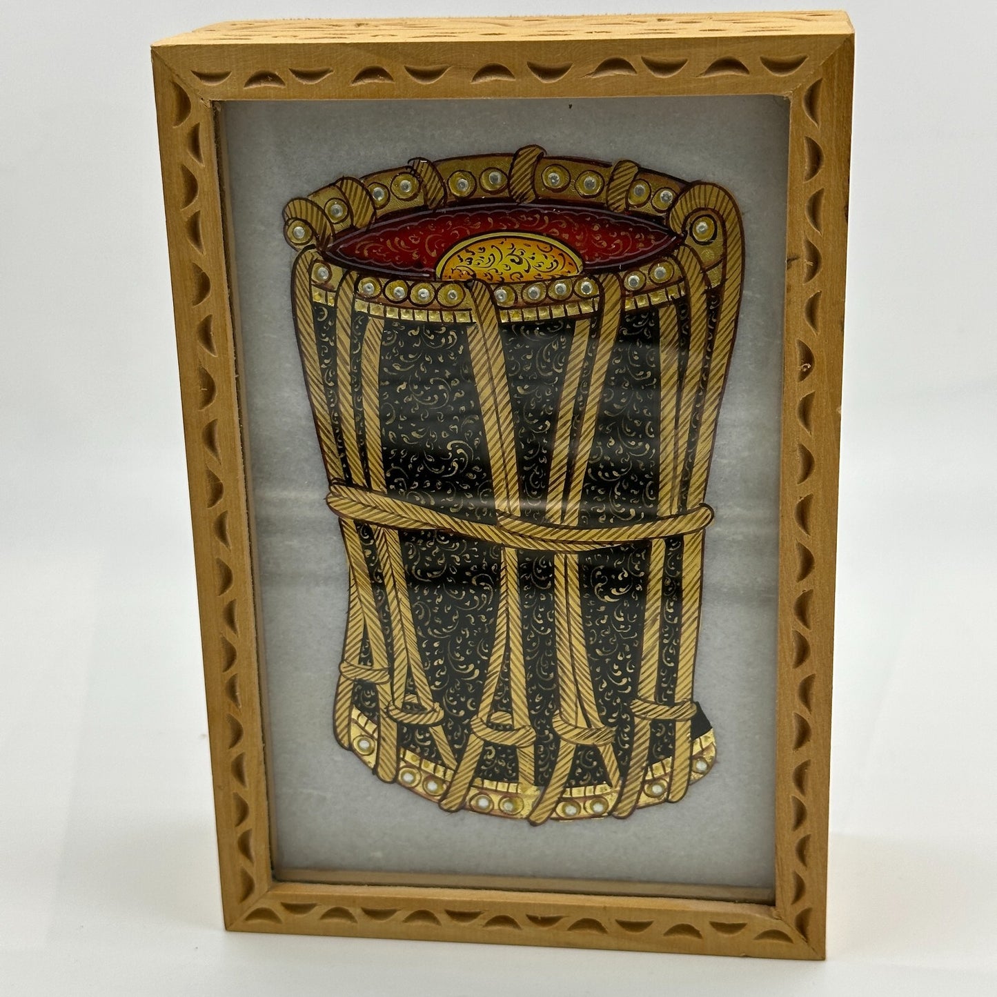 Jewelry Box The Nodding Head Dhol Drum on Lid Red Velvet Carved Wooden