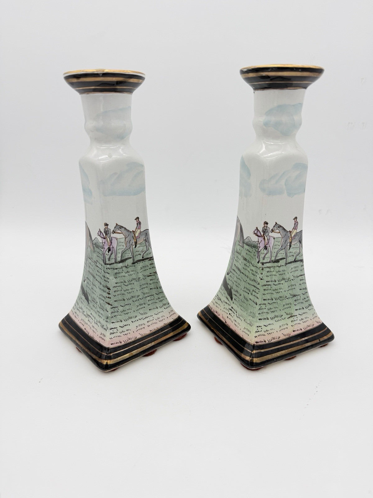 Vintage Chinese Equestrian Hand-Painted Porcelain Candle Holder by Nieman Marcus