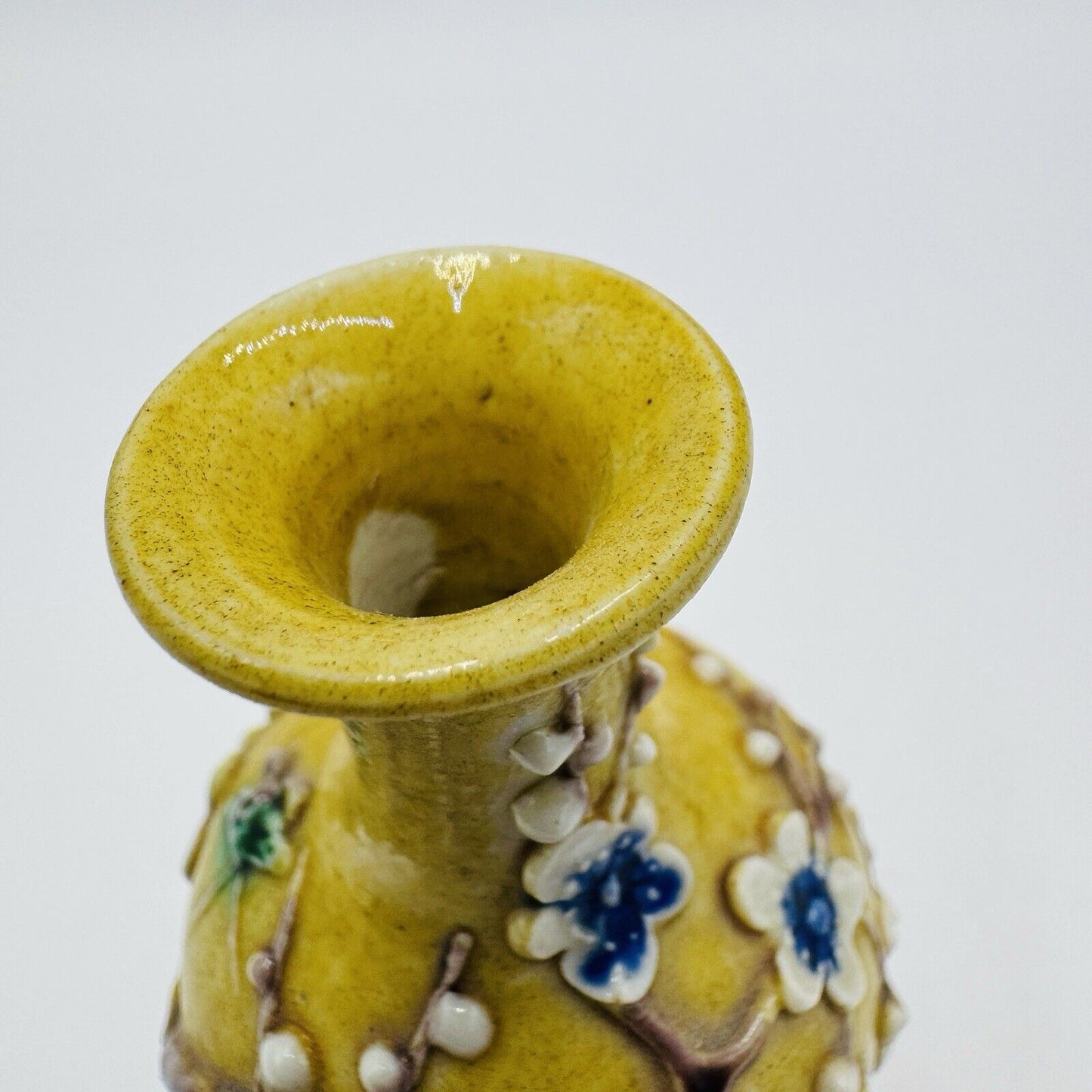 Antique Chinese Yellow Qing Dynasty Plum Blossoms Floral Mini Vase 5”