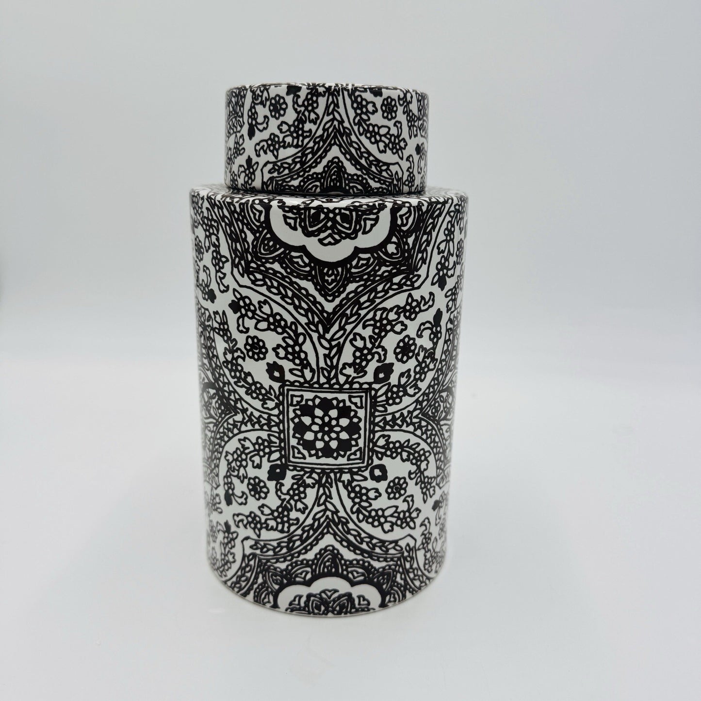 Pottery Barn Ceramic Brown White Floral Paisley Decor Canister Ginger Jar 9in