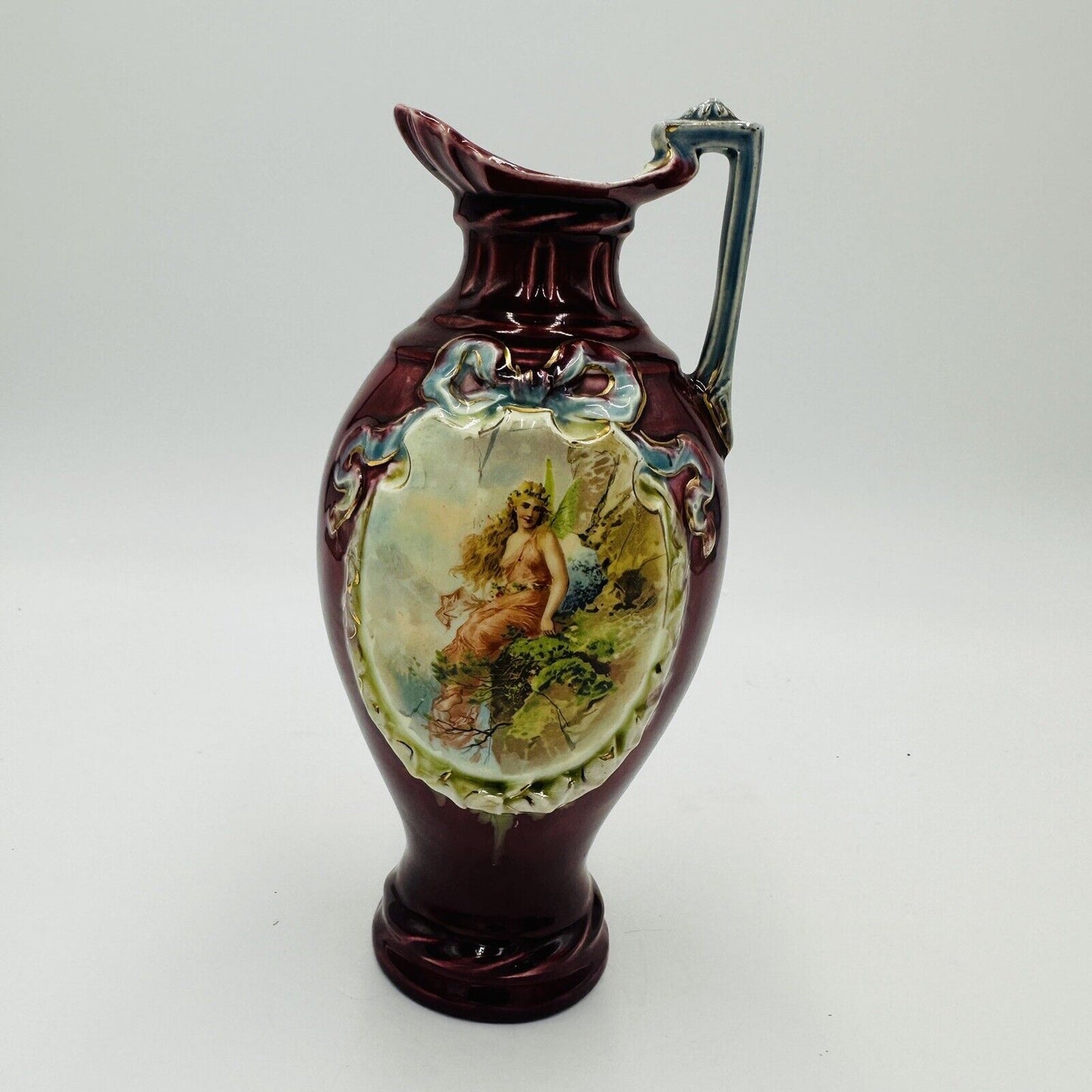 Majolica Red Pitcher Blue Ribbon Fairy Portrait Numbered 9in Porcelain Antique