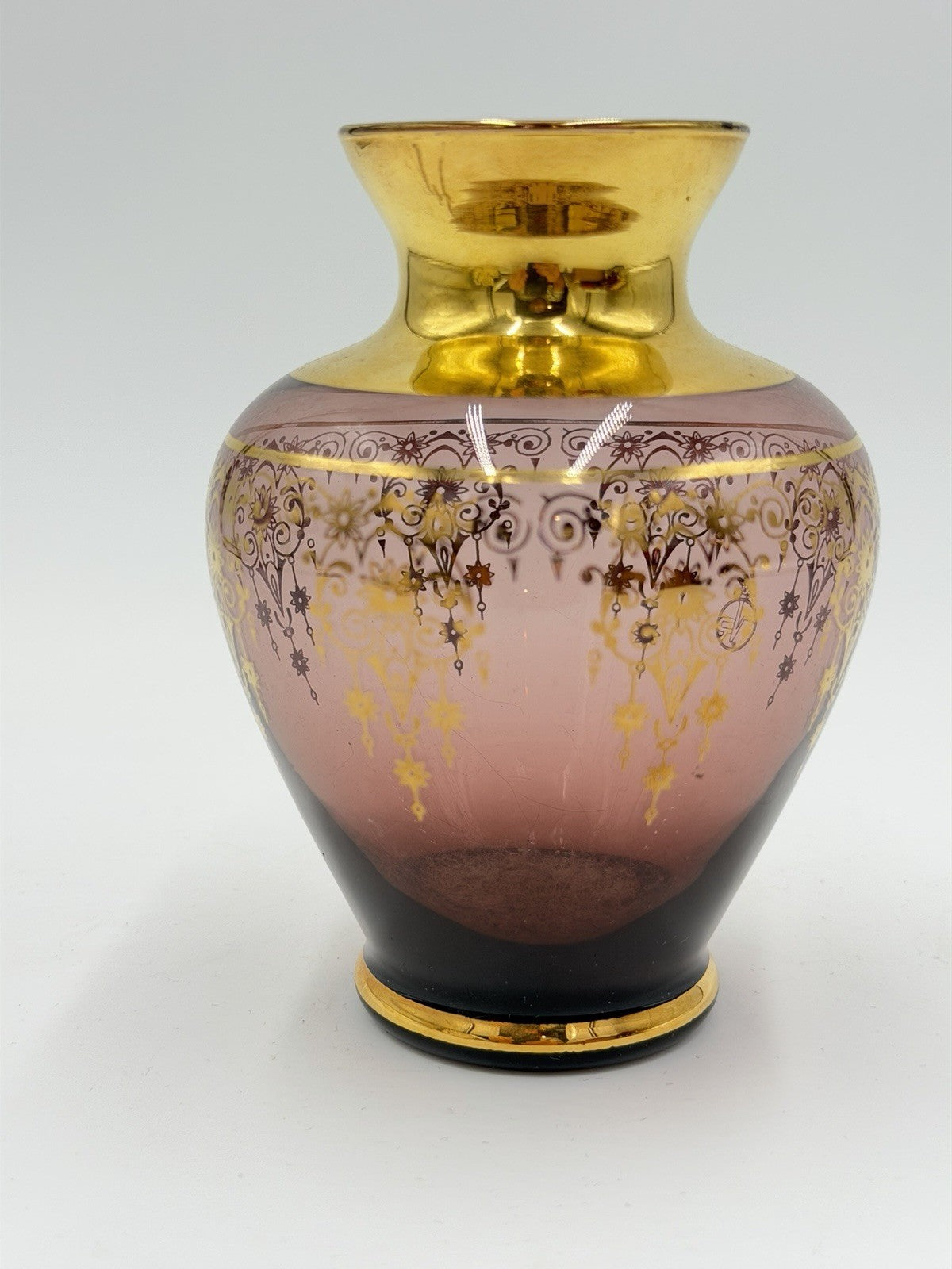 Ferro & Lazzarini Murano Italy Art Glass  Purple Amethyst 22K Gold Inlay 5”H