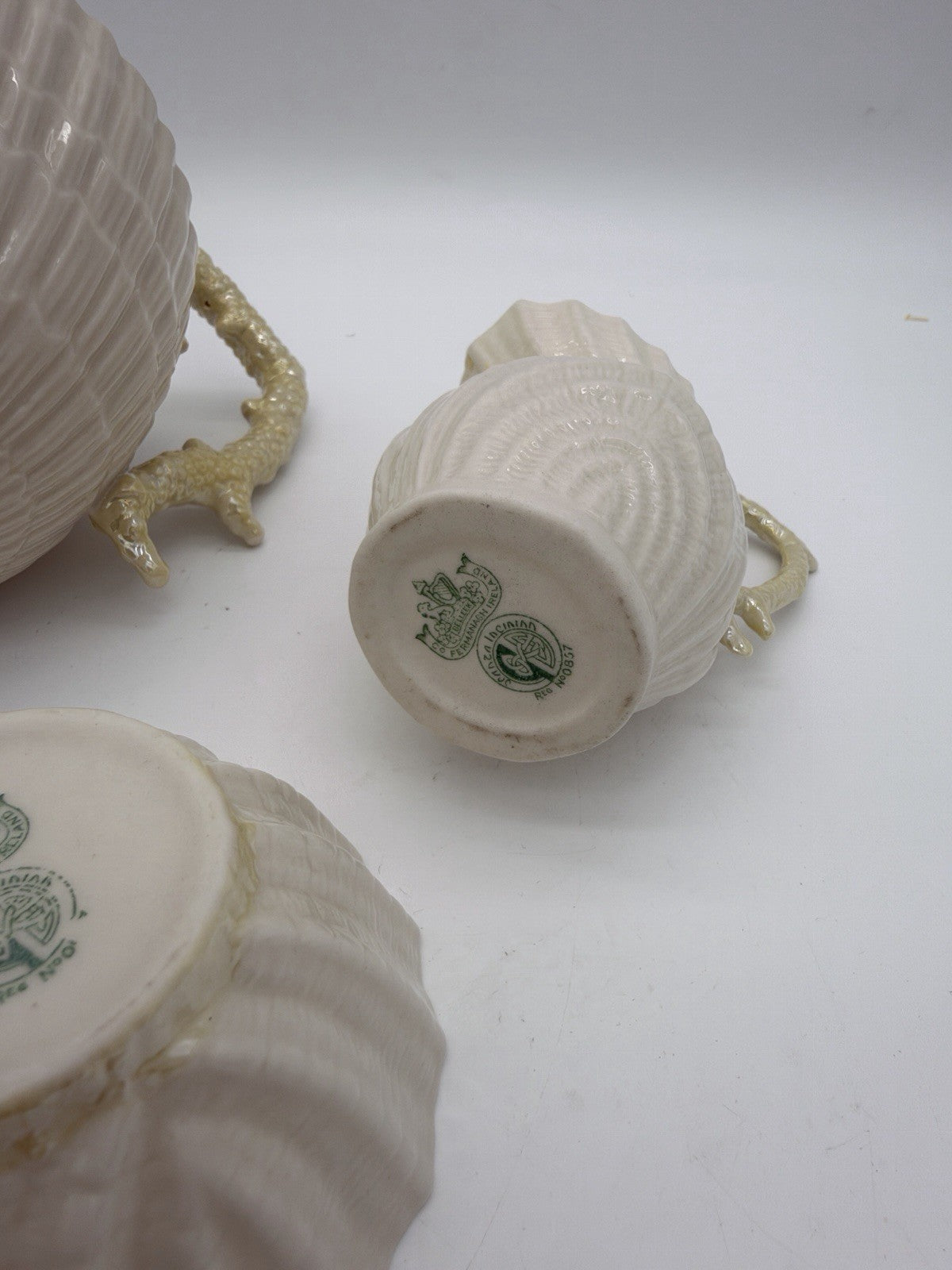 Belleek Ireland Limpet Shell Pattern Teapot Creamer &sugar Bowl 2nd Green Mark