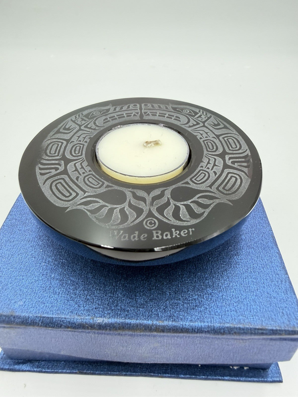 Wade Baker Double Wolf Spirit Etched Black Carved Glass Votive Candle Holder