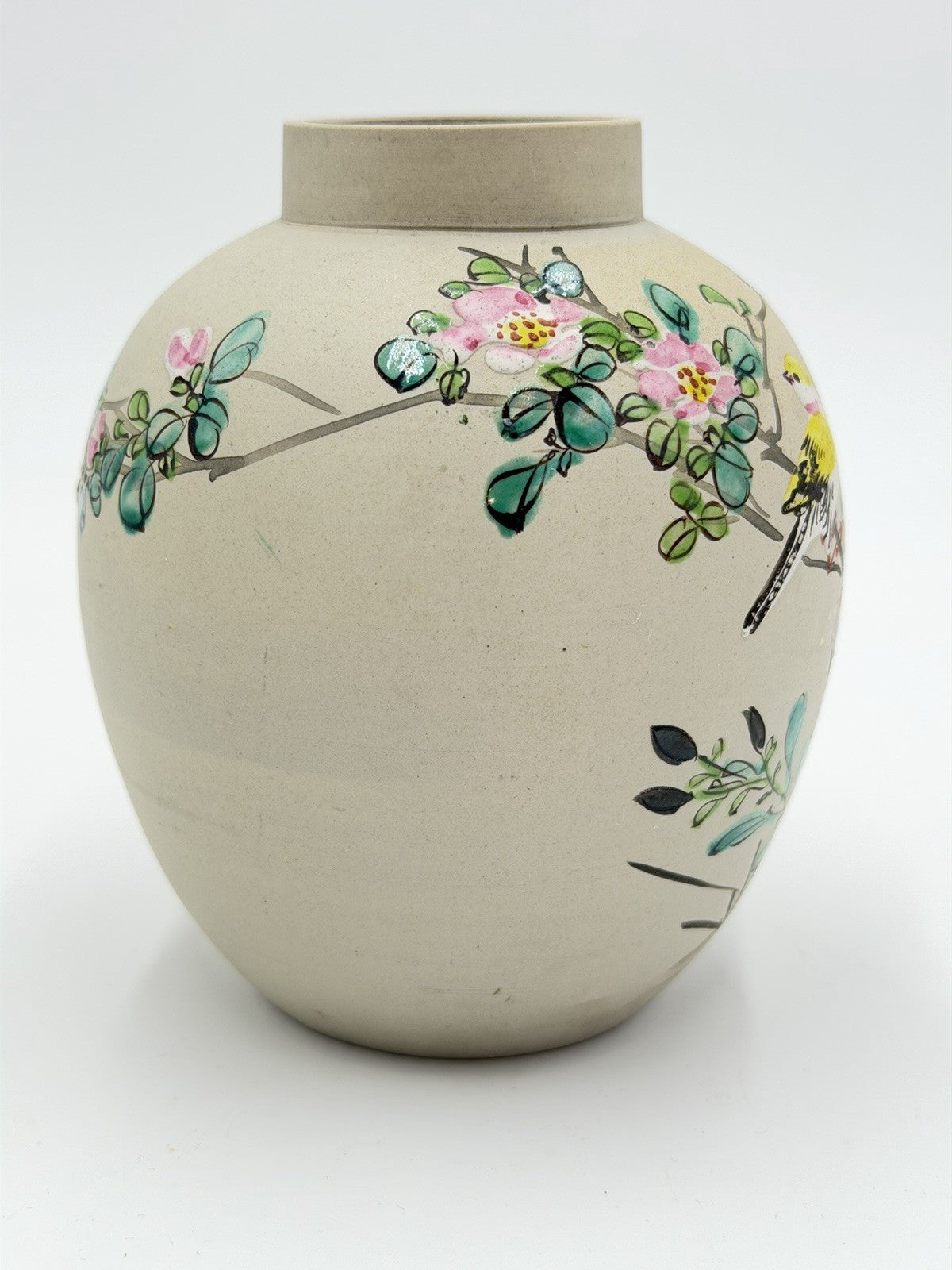 Antique Japanese Pottery Cherry Blossom Yellow Goldfinch Painted Vase 5”H