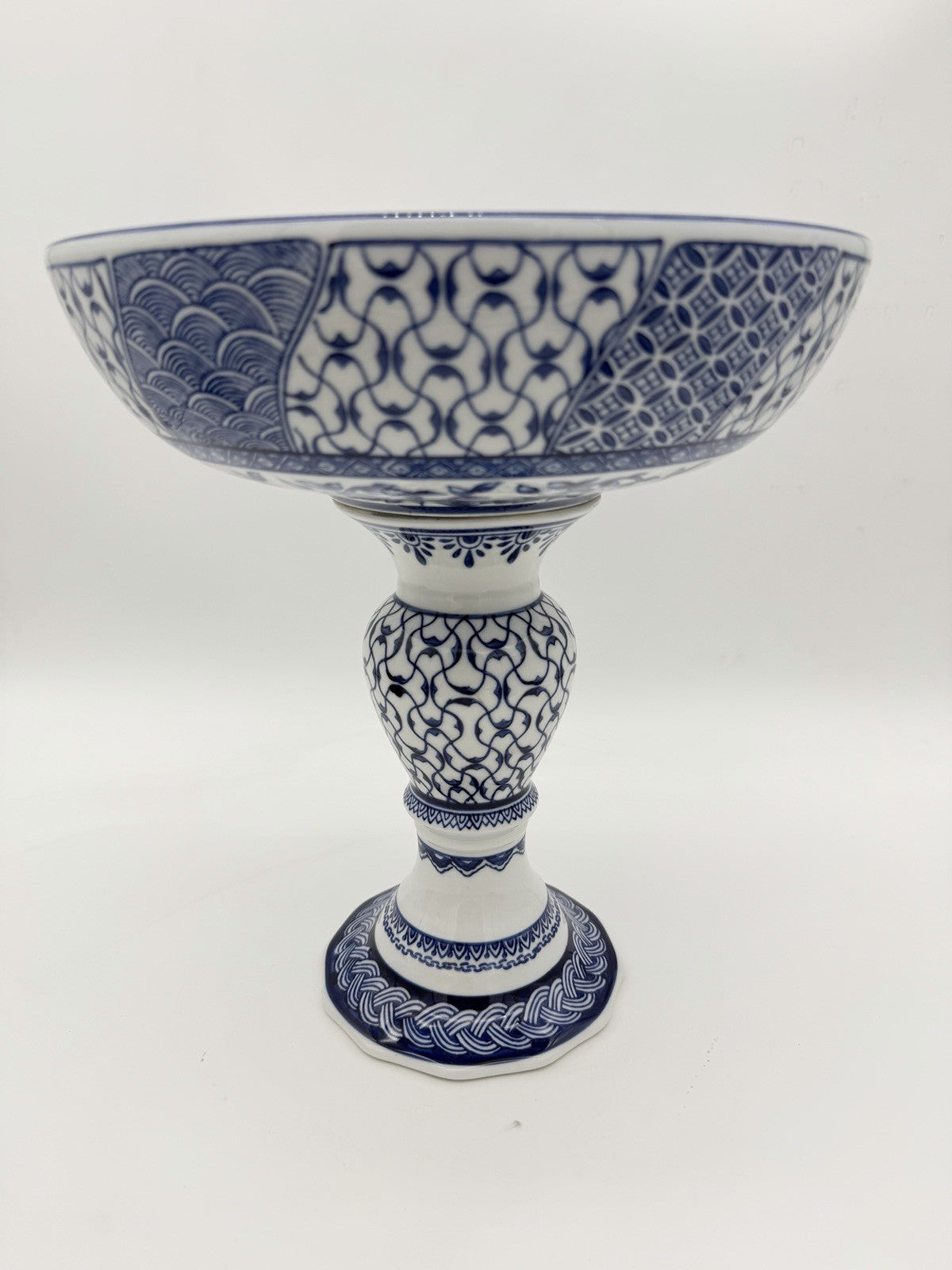 Bombay Company Blue & White Porcelain Compote Pedestal Bowl Footed 12”H X11”w