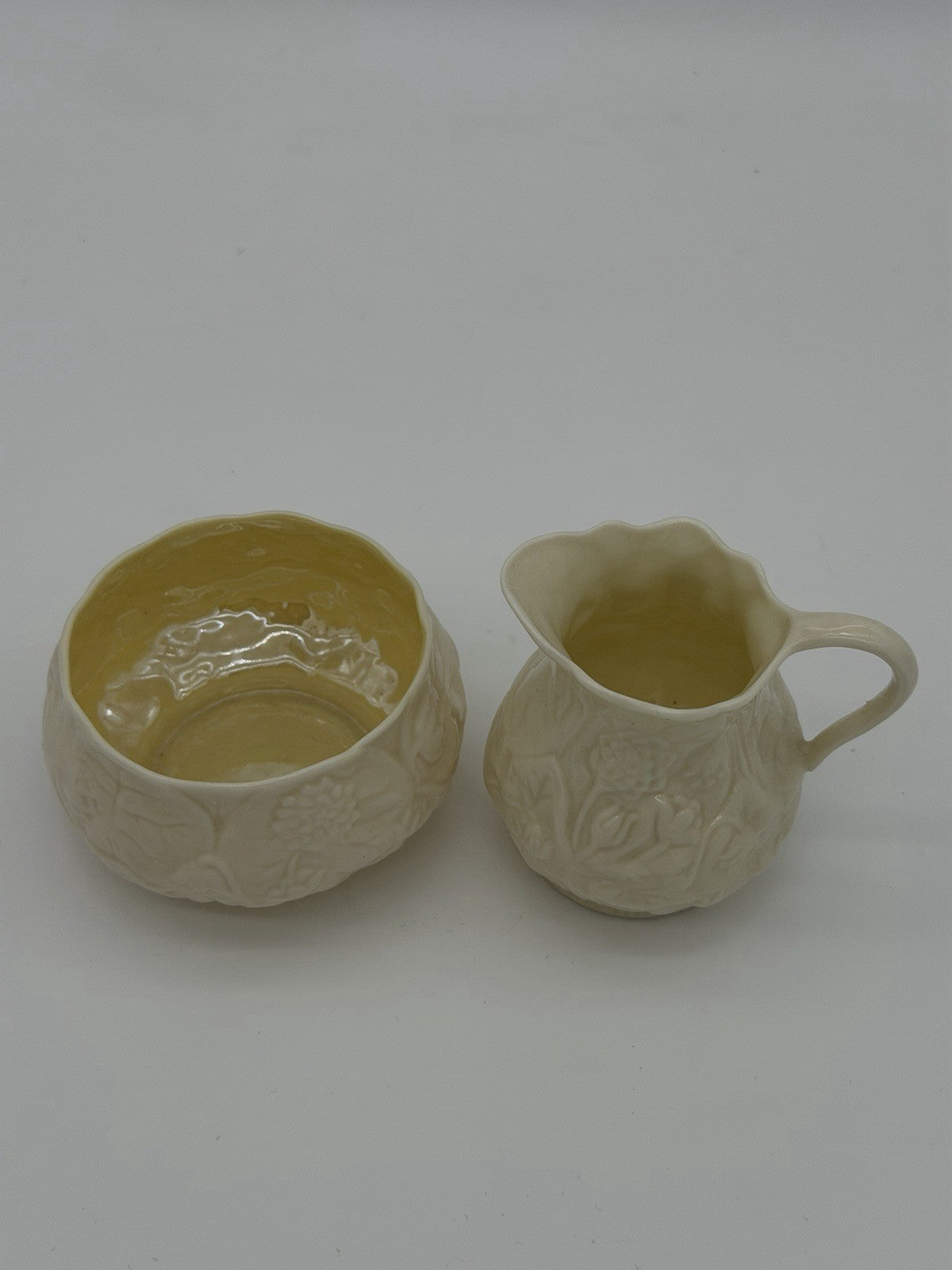 Belleek Ireland porcelain Lotus pattern creamer and open sugar bowl set Vintage