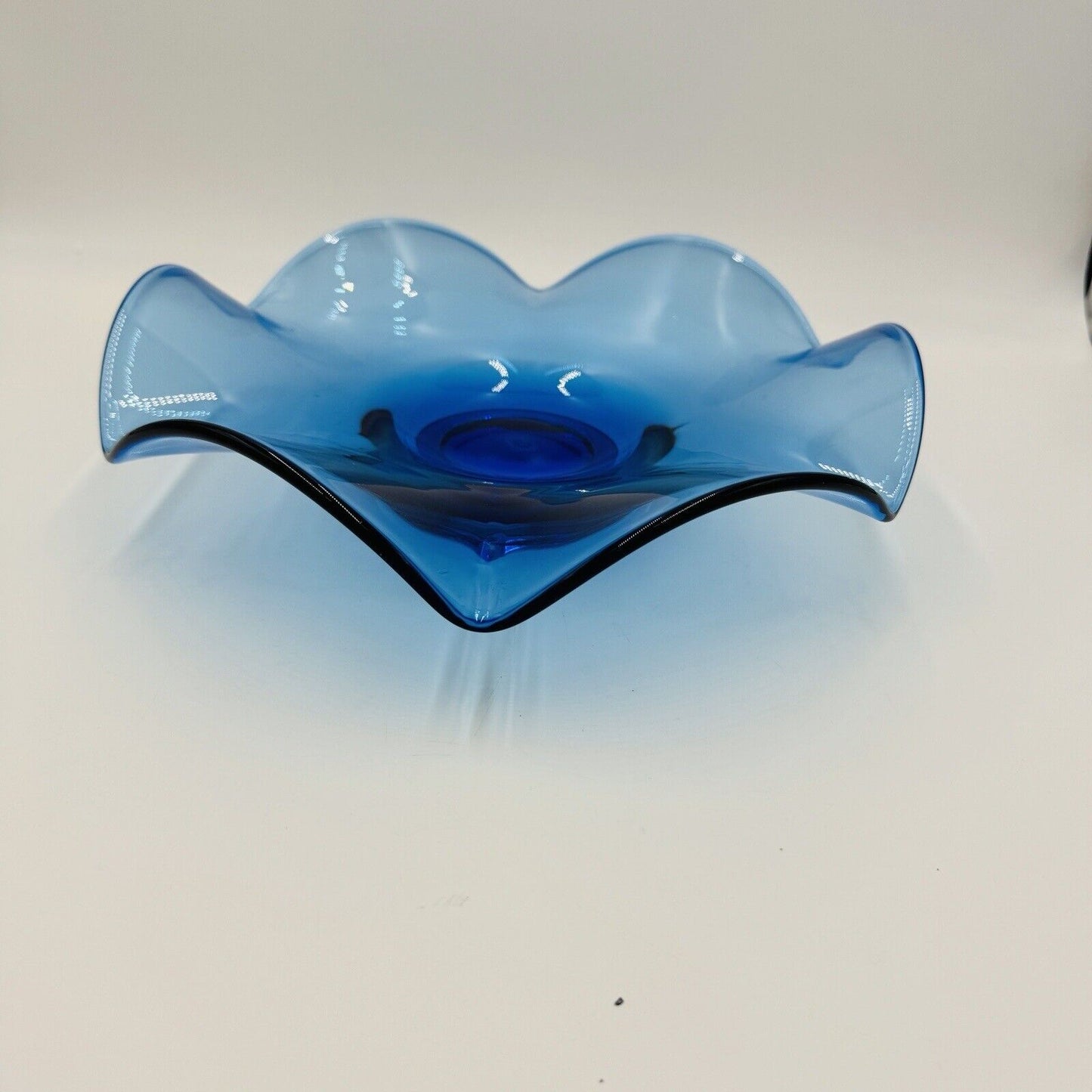 Viking Art Glass Bluenique Blue Ruffled 6 Petals Bowl 3in x 12in Rare MCM