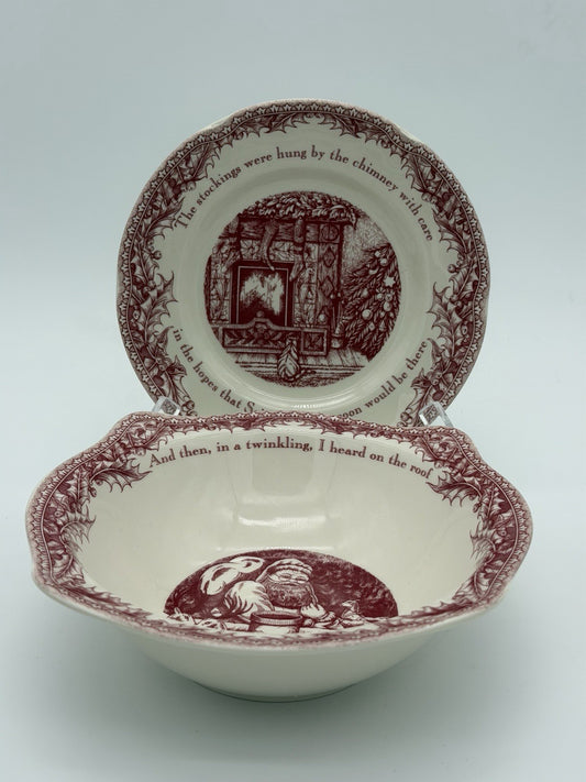 Johnson Brothers England Porcelain Twas The Night Dessert Plate & Bowl Set Red