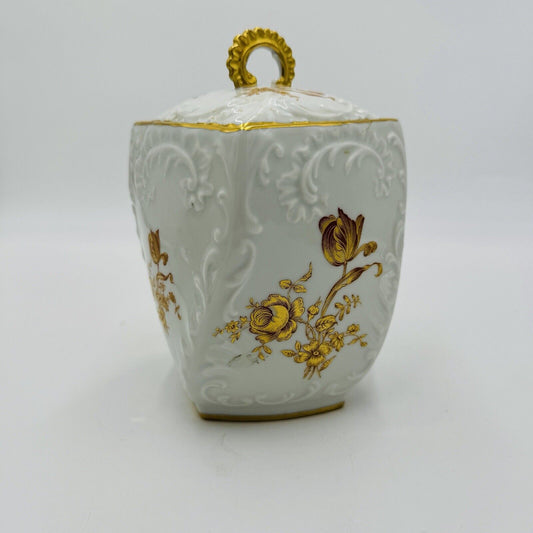 Rare Limoges France Porcelain Floral Gold Painted Biscuit Jar Lidded 7”twisted