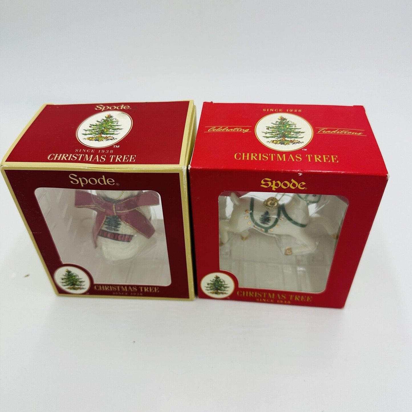 Spode Ornaments Dog and Deer Figurines Set 2 Pieces Holiday Tree Christmas Box