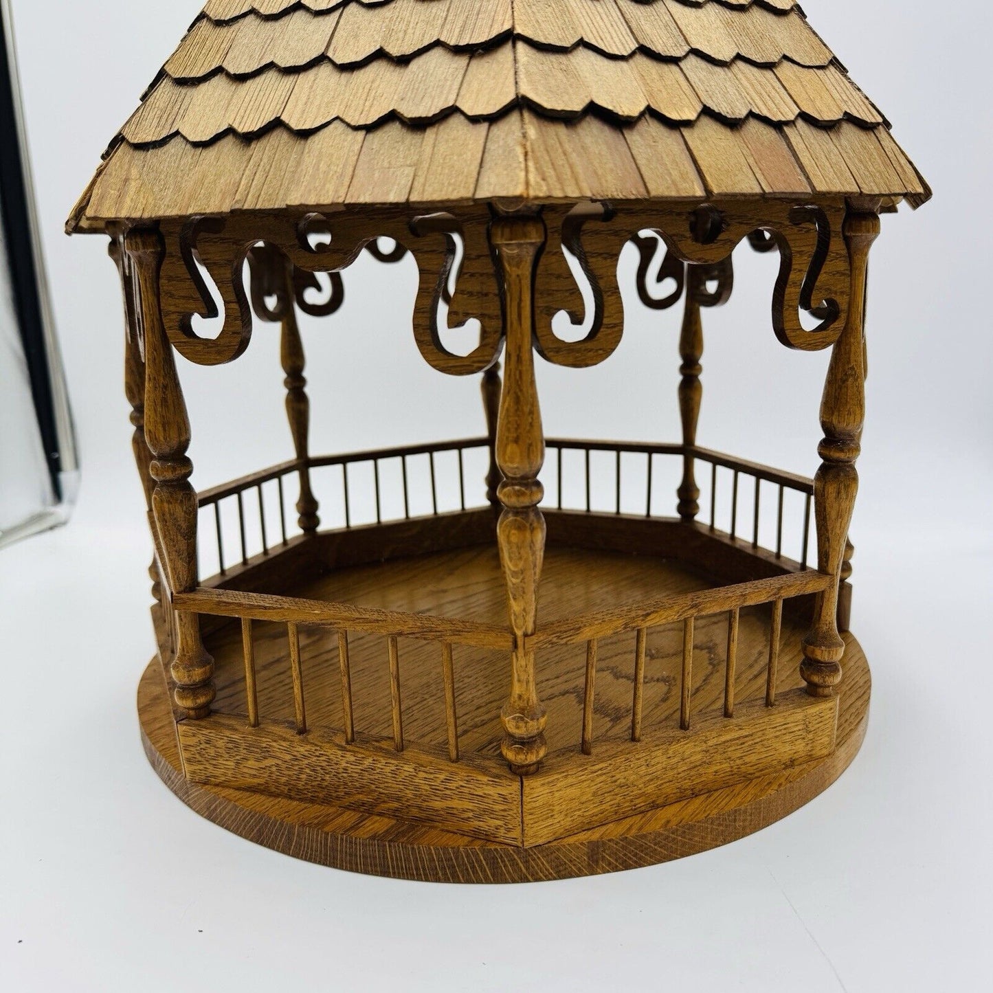 Large Folk Art Solid Wood Gazebo Bird feeder Vintage 1970s 18”x 14” Ornate Carve