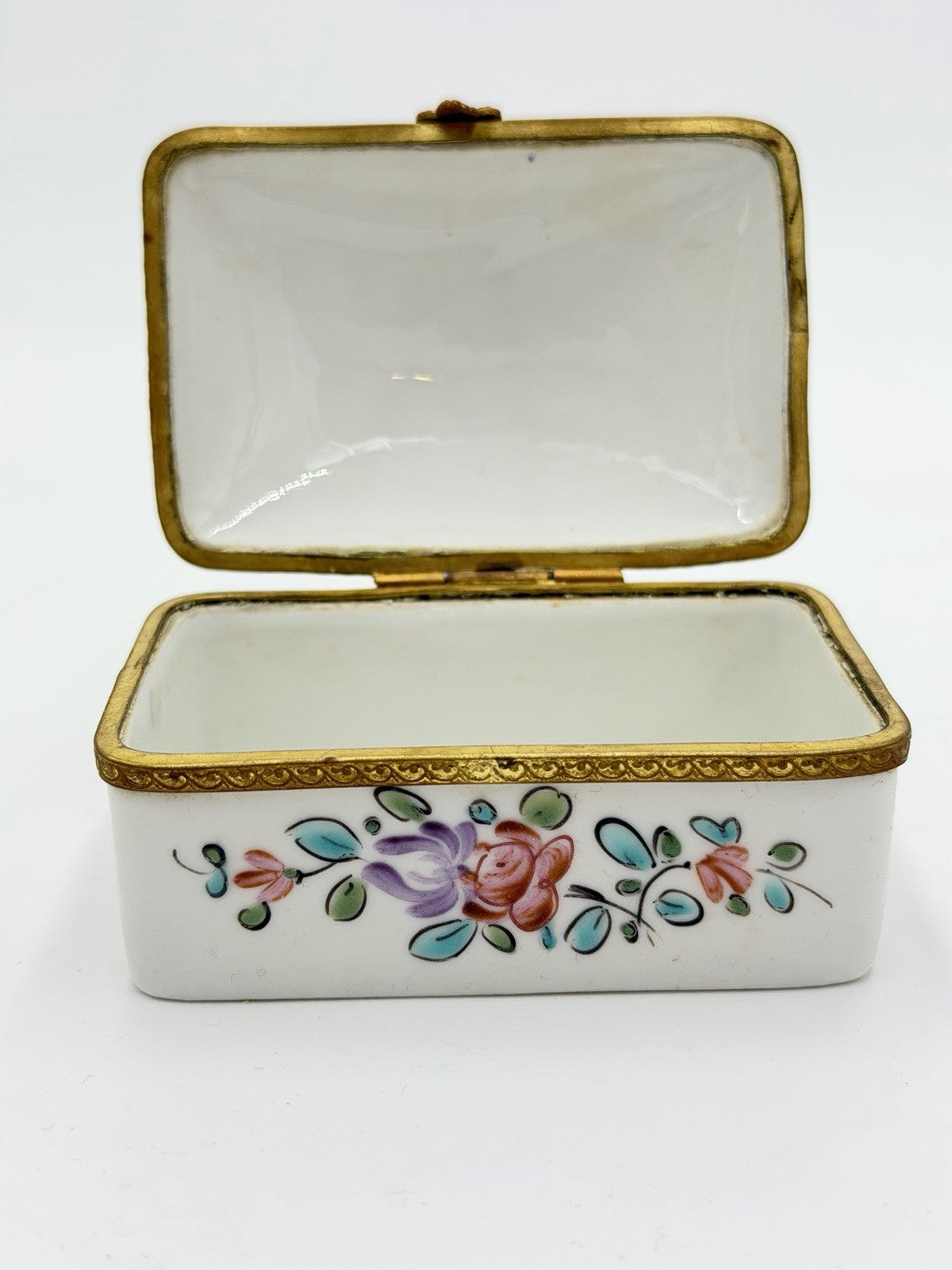 Antique France Made Porcelain Floral Painted Metal Accents Trinket Jewelry Box