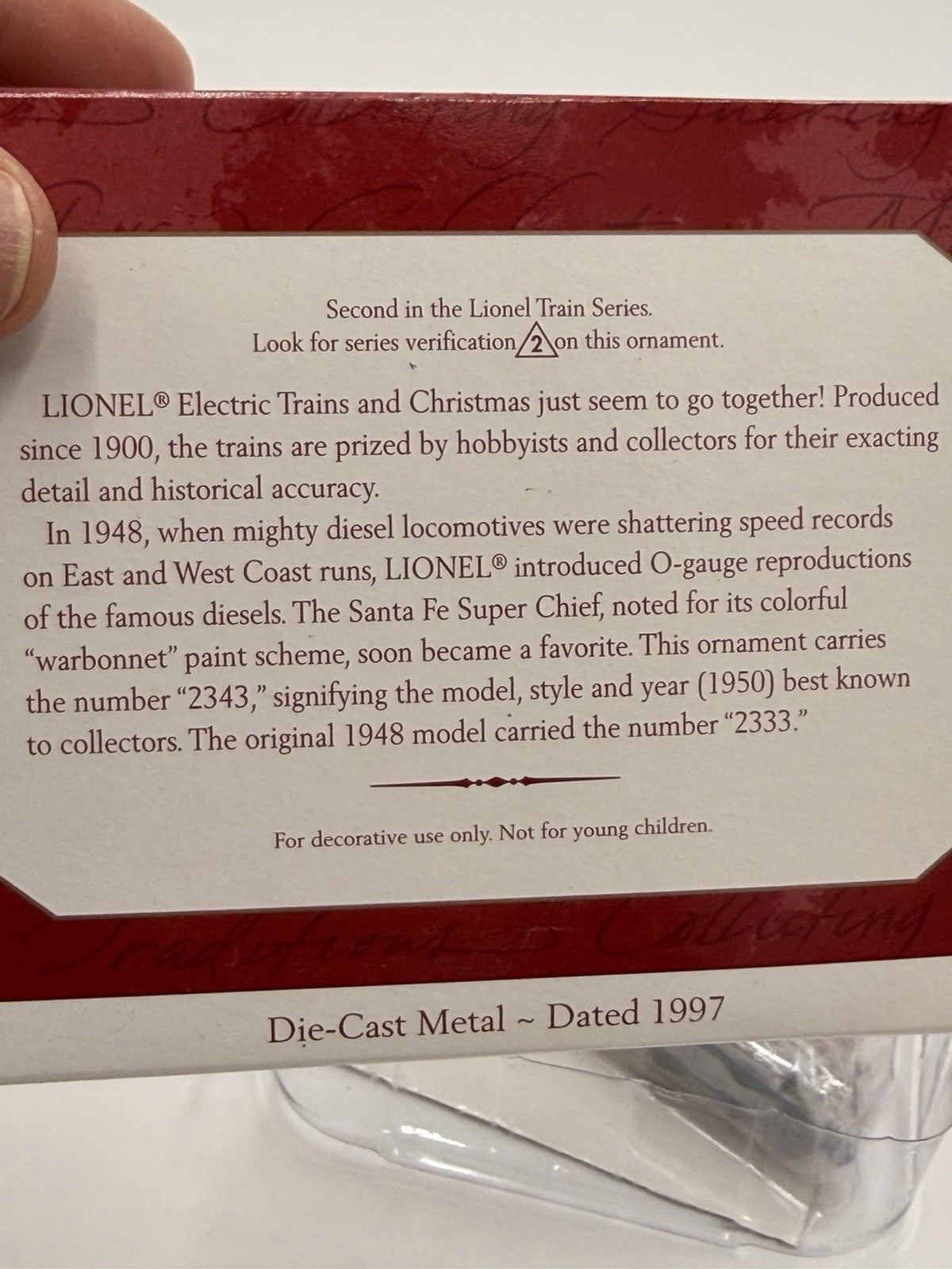 Hallmark Lionel 1950 Santa Fe F3 Diesel Locomotive Train Ornament 1997 New