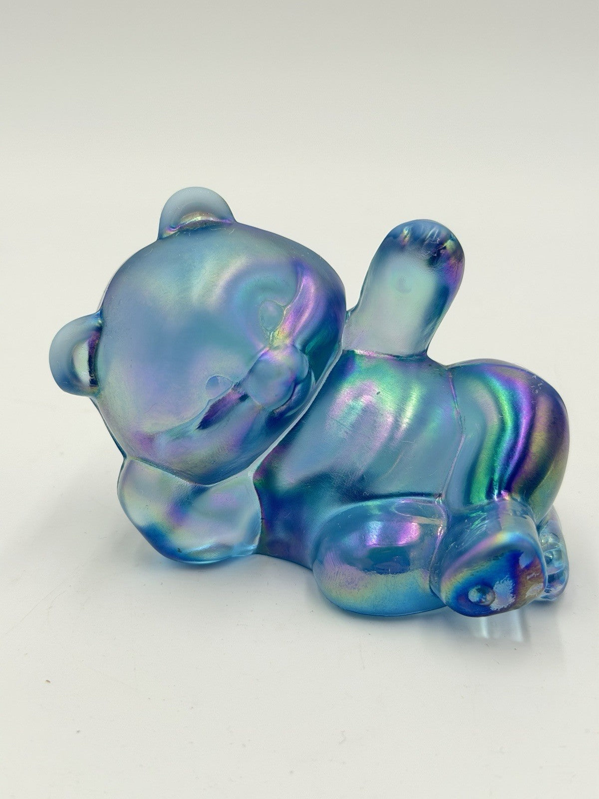 Fenton Art Glass Iridescent Opalescent Misty Blue Glass Laying Bear Figurine