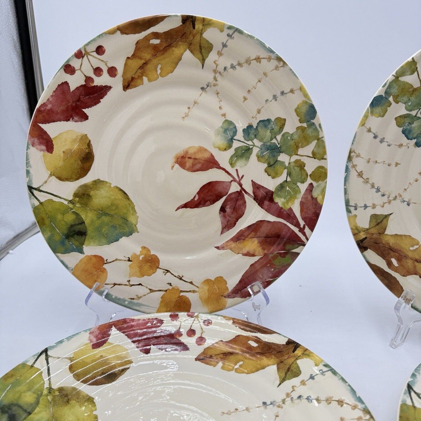 Pier 1 Imports WILLOW Dinner Plates Set 4 11” Fall Leaves Ironstone Ceramic