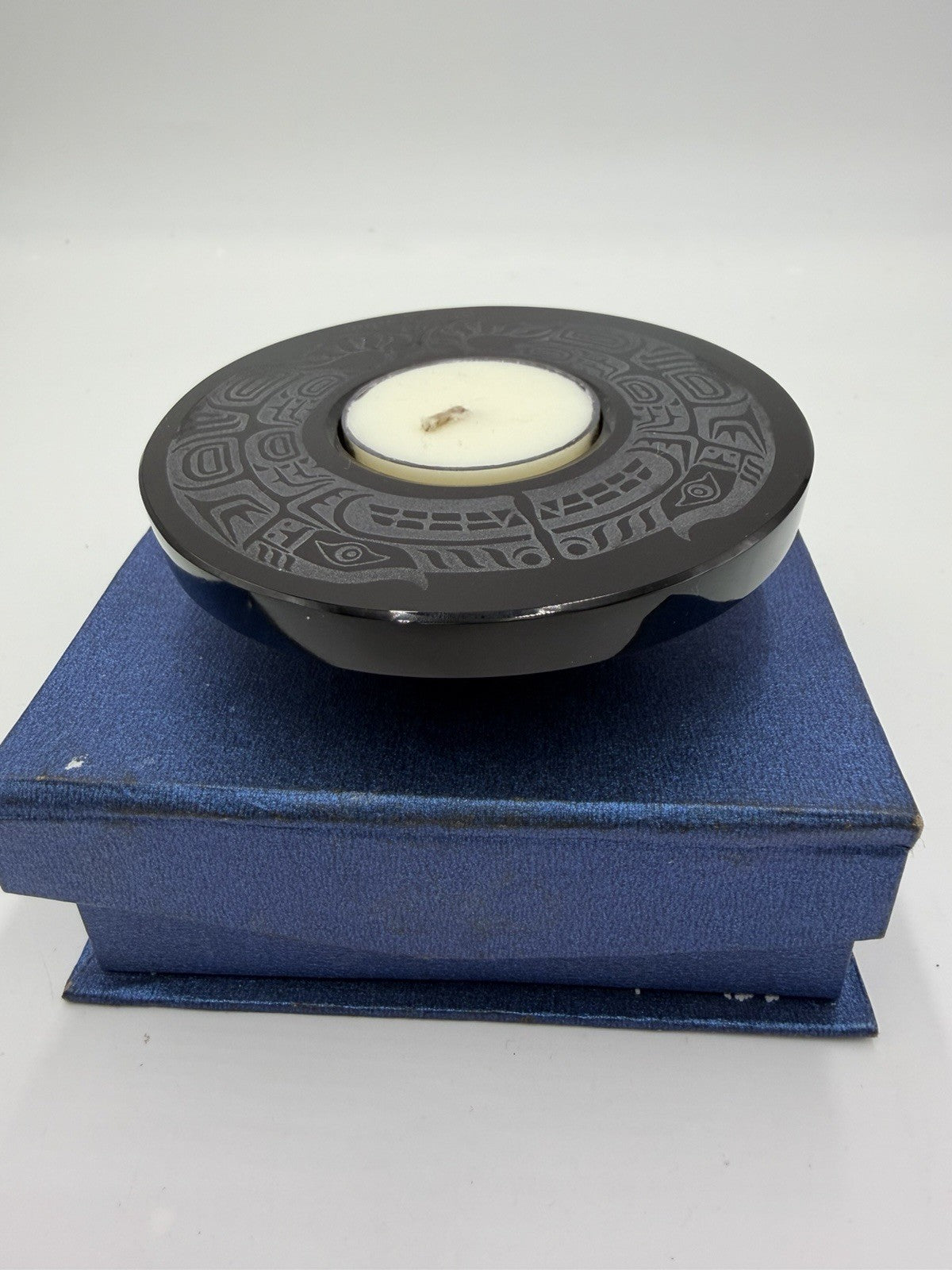 Wade Baker Double Wolf Spirit Etched Black Carved Glass Votive Candle Holder