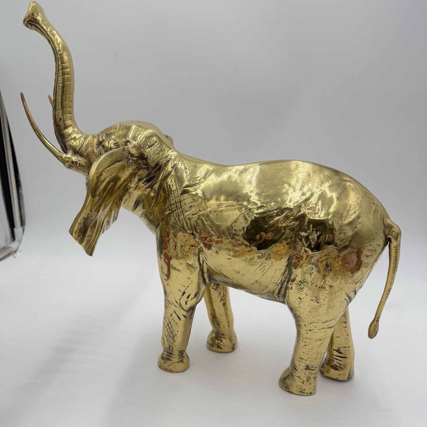 Solid Brass Elephant Sculpture Large 15”Tall Trunk Up Made In Korea Gold Heavy